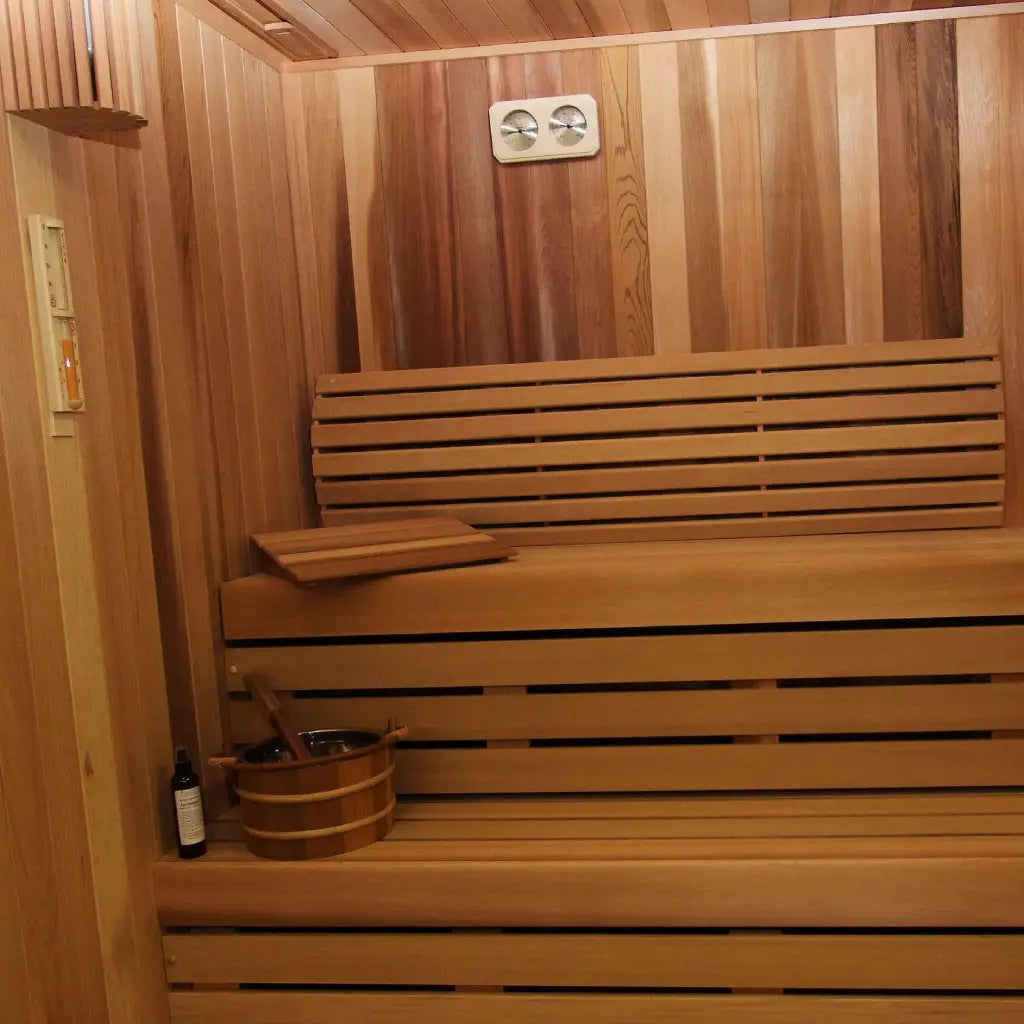 Custom Indoor Sauna Room with a two-tier bench layout