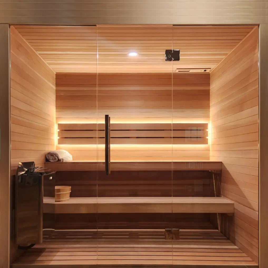 Custom Indoor Sauna Room interior with all-glass door and tiered benches