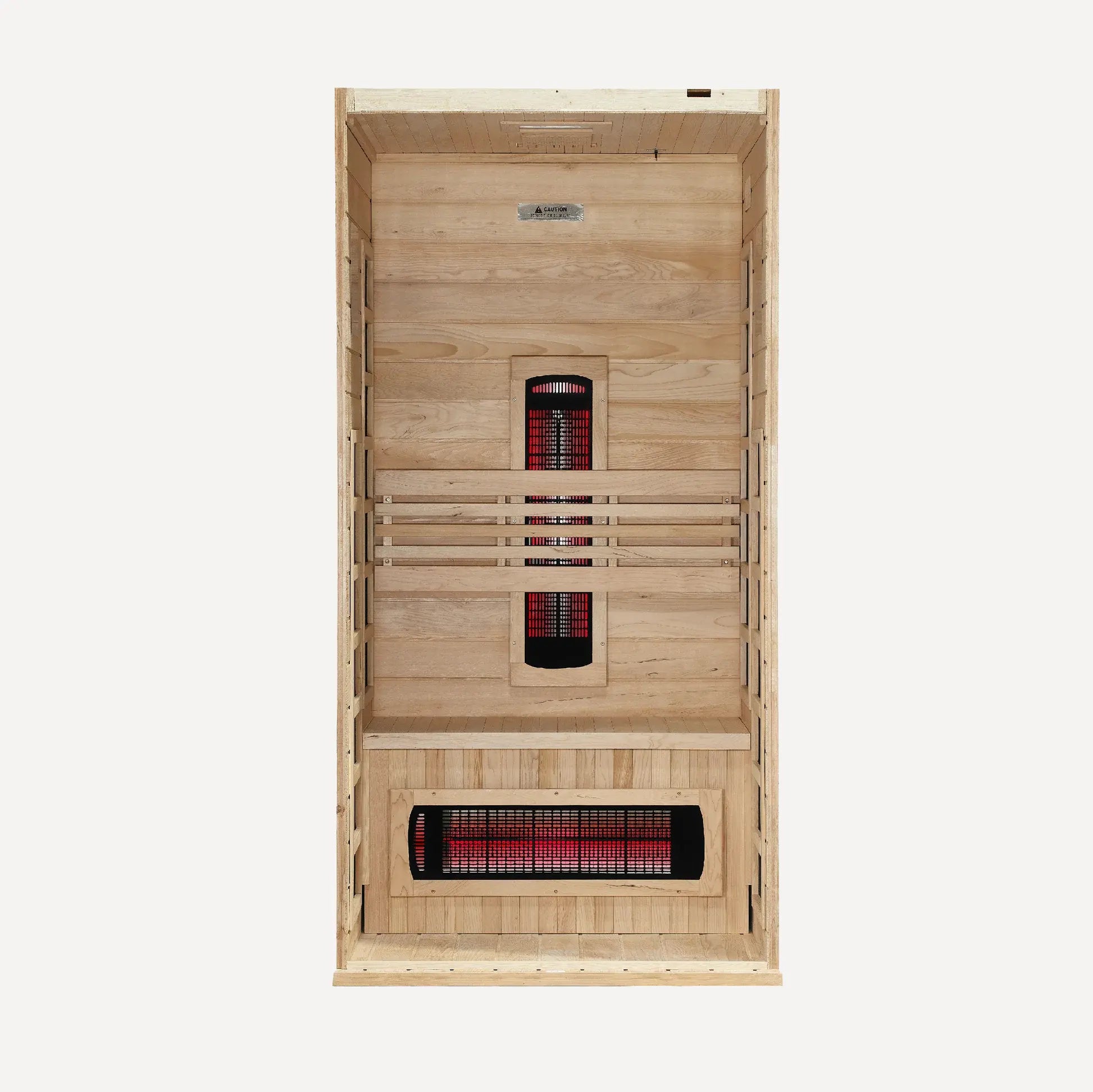 Golden Designs Dynamic Martin full spectrum near zero EMF infrared sauna interior cutaway with the front wall removed showing the bench layout