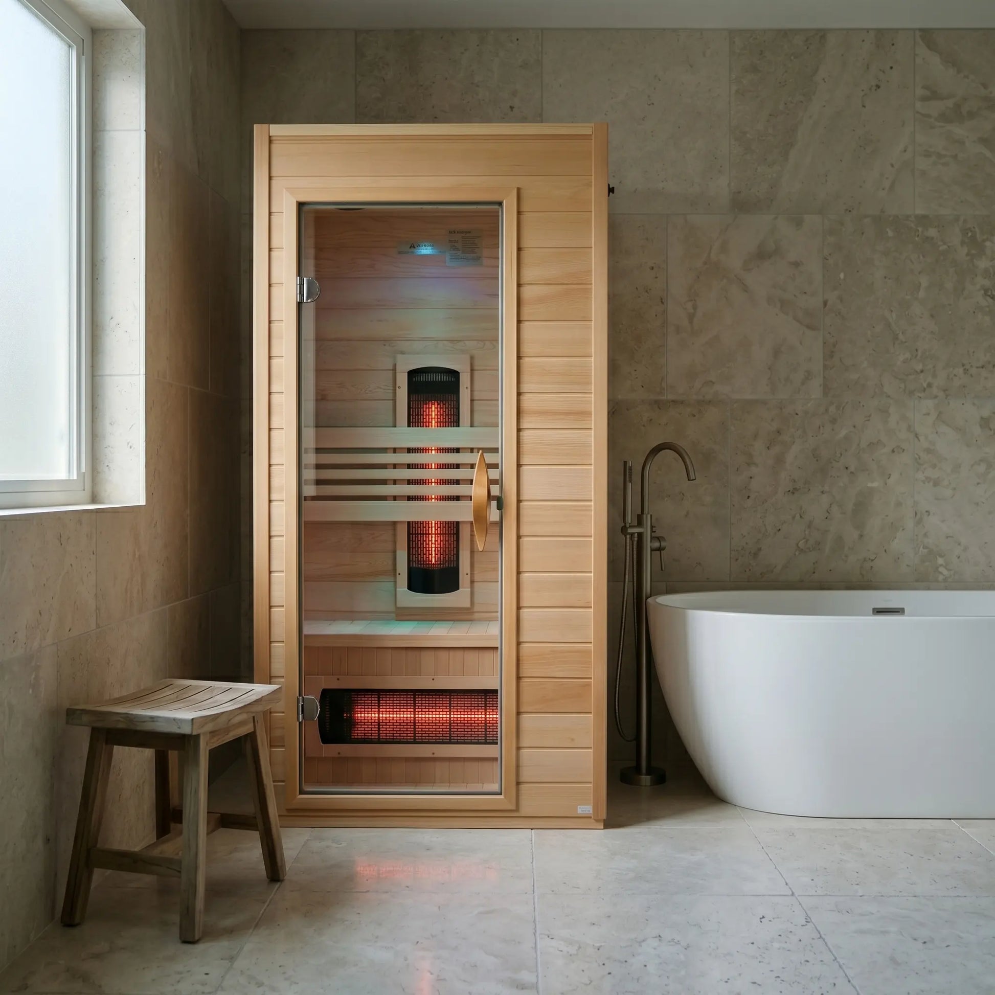 Golden Designs Dynamic Martin full spectrum near zero EMF infrared sauna styled in a modern home interior