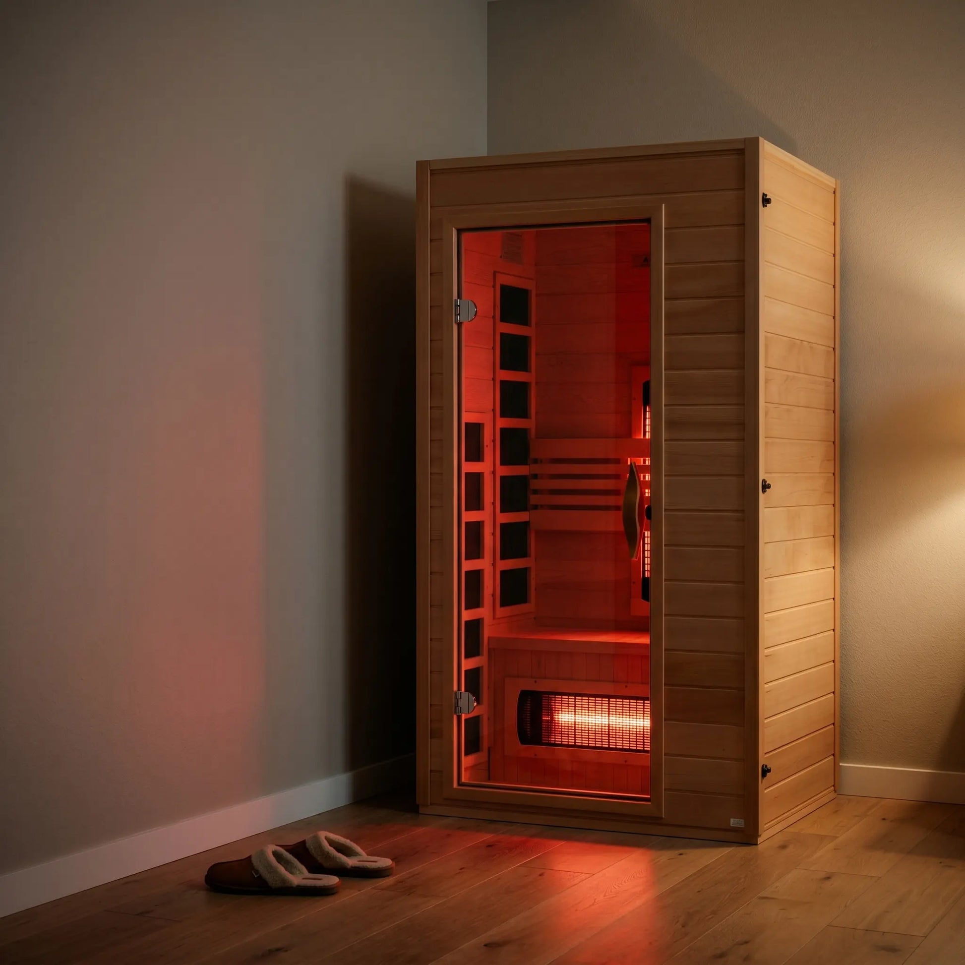 Golden Designs Dynamic Martin full spectrum near zero EMF infrared sauna shown in a contemporary home setting