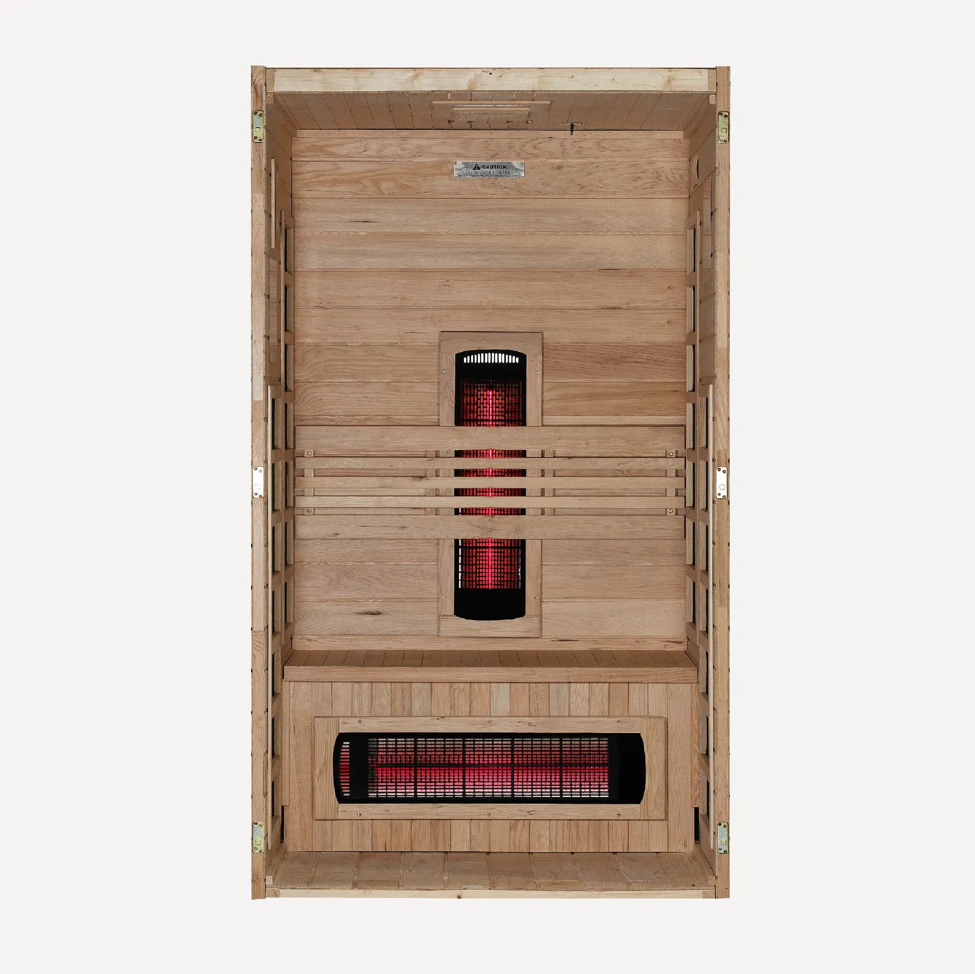 Golden Designs Dynamic Santorini full spectrum near zero EMF infrared sauna interior cutaway with the front wall removed showing the bench layout