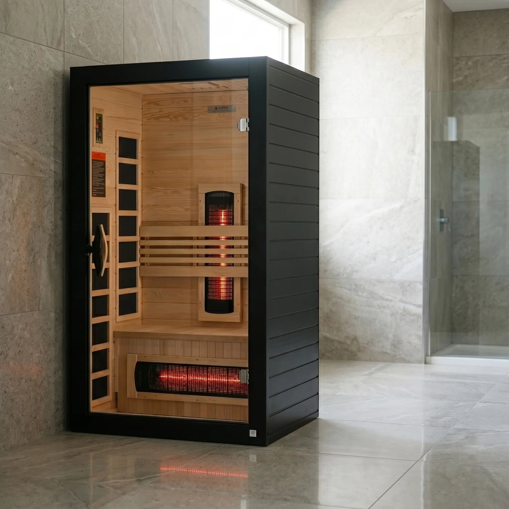 Golden Designs Dynamic Santorini full spectrum near zero EMF infrared sauna shown in a contemporary home setting