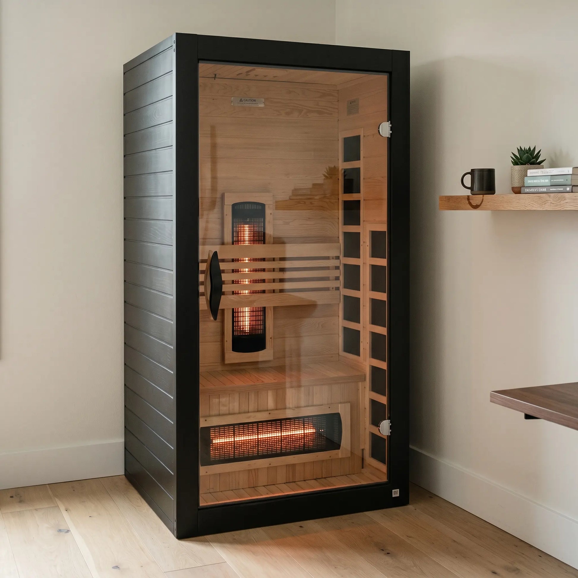 Golden Designs Dynamic Santorini full spectrum near zero EMF infrared sauna styled in a modern home interior