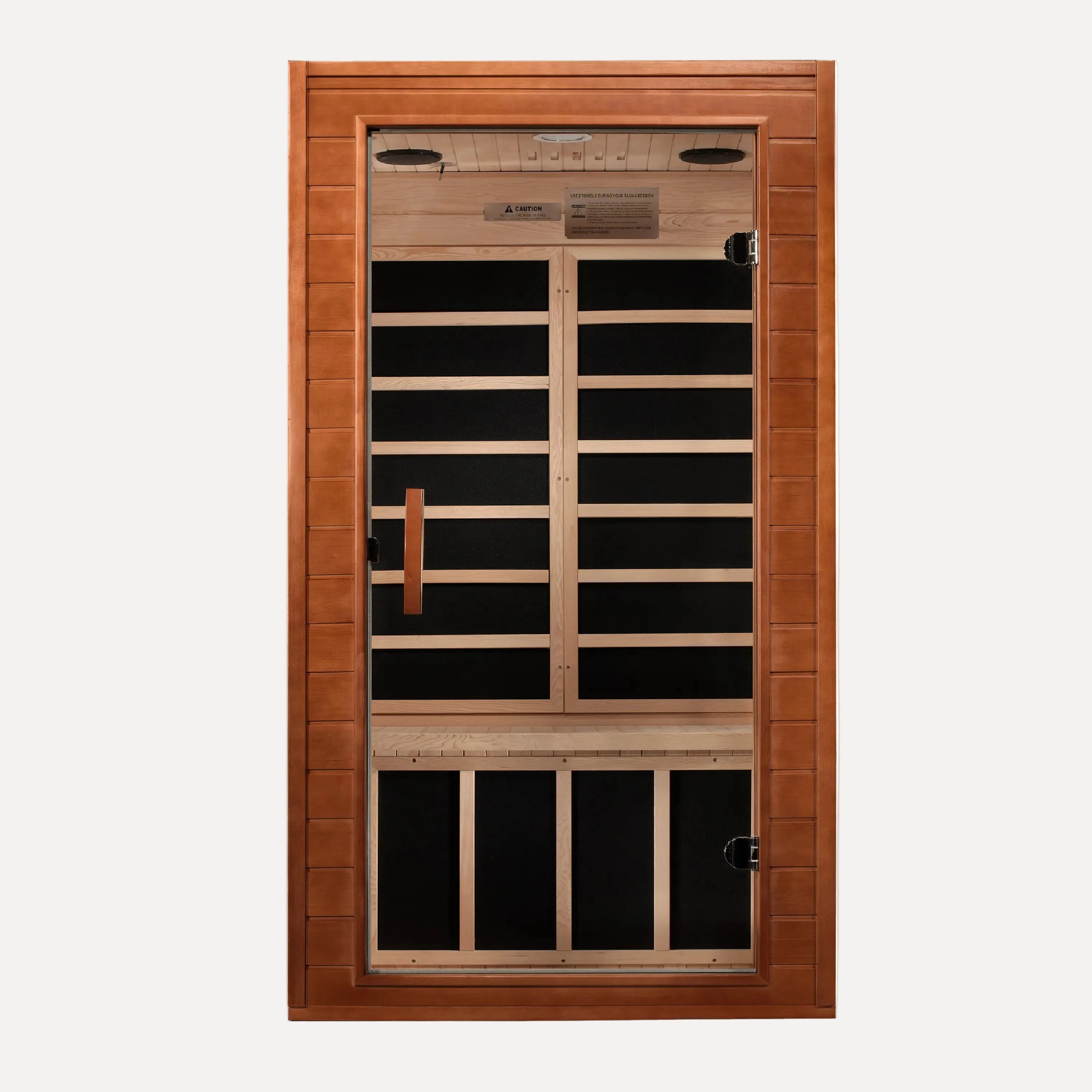 Golden Designs Dynamic Avila Elite ultra low EMF infrared sauna shown at a front three-quarter angle