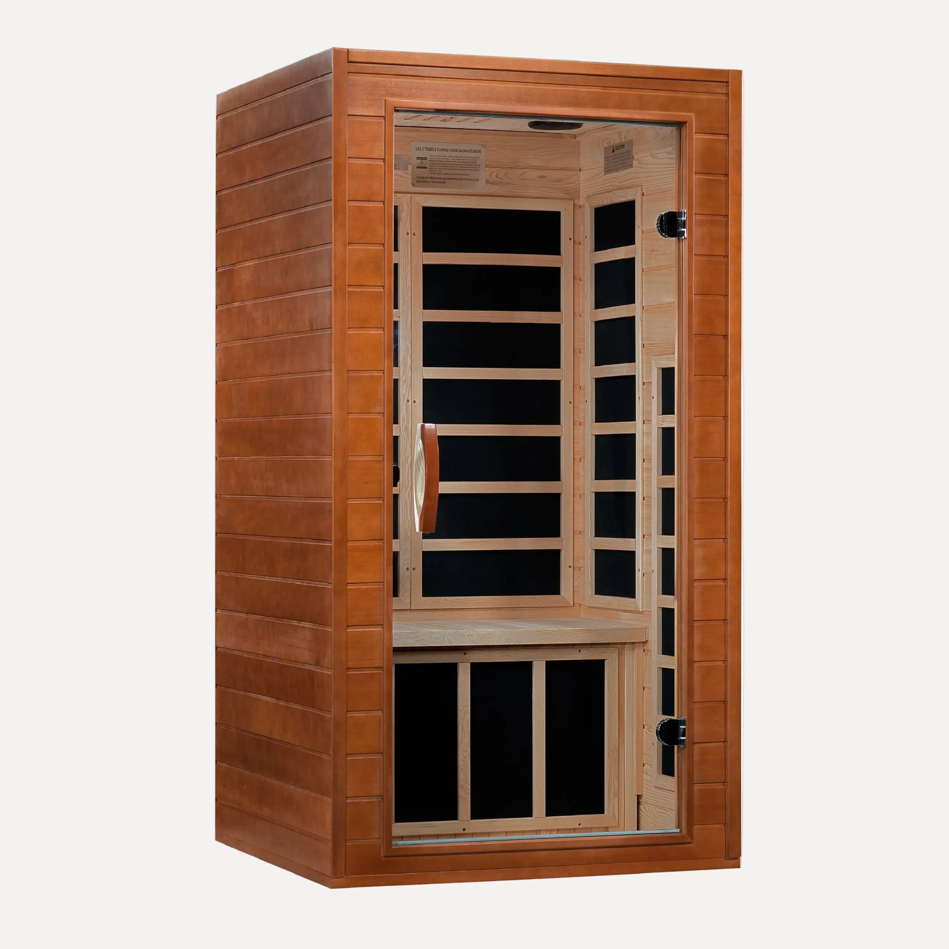 Golden Designs Dynamic Avila Elite 1-2 person ultra low EMF infrared sauna, front view on white background