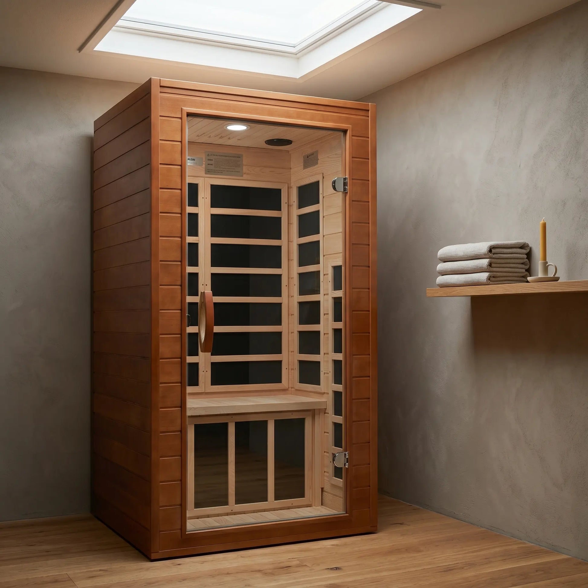 Golden Designs Dynamic Avila Elite ultra low EMF infrared sauna styled in a modern home interior