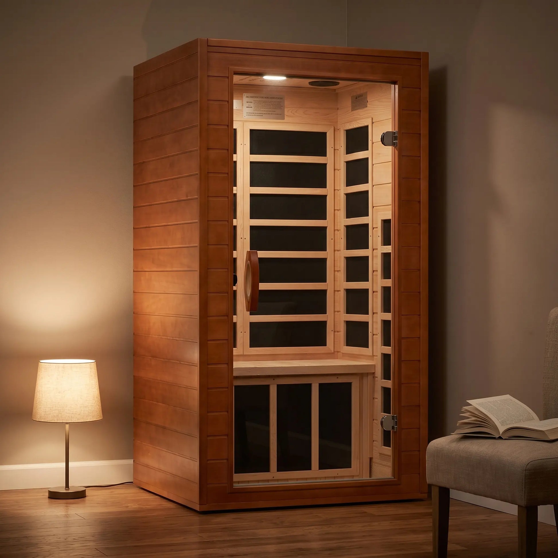 Golden Designs Dynamic Avila Elite ultra low EMF infrared sauna shown in a contemporary home setting