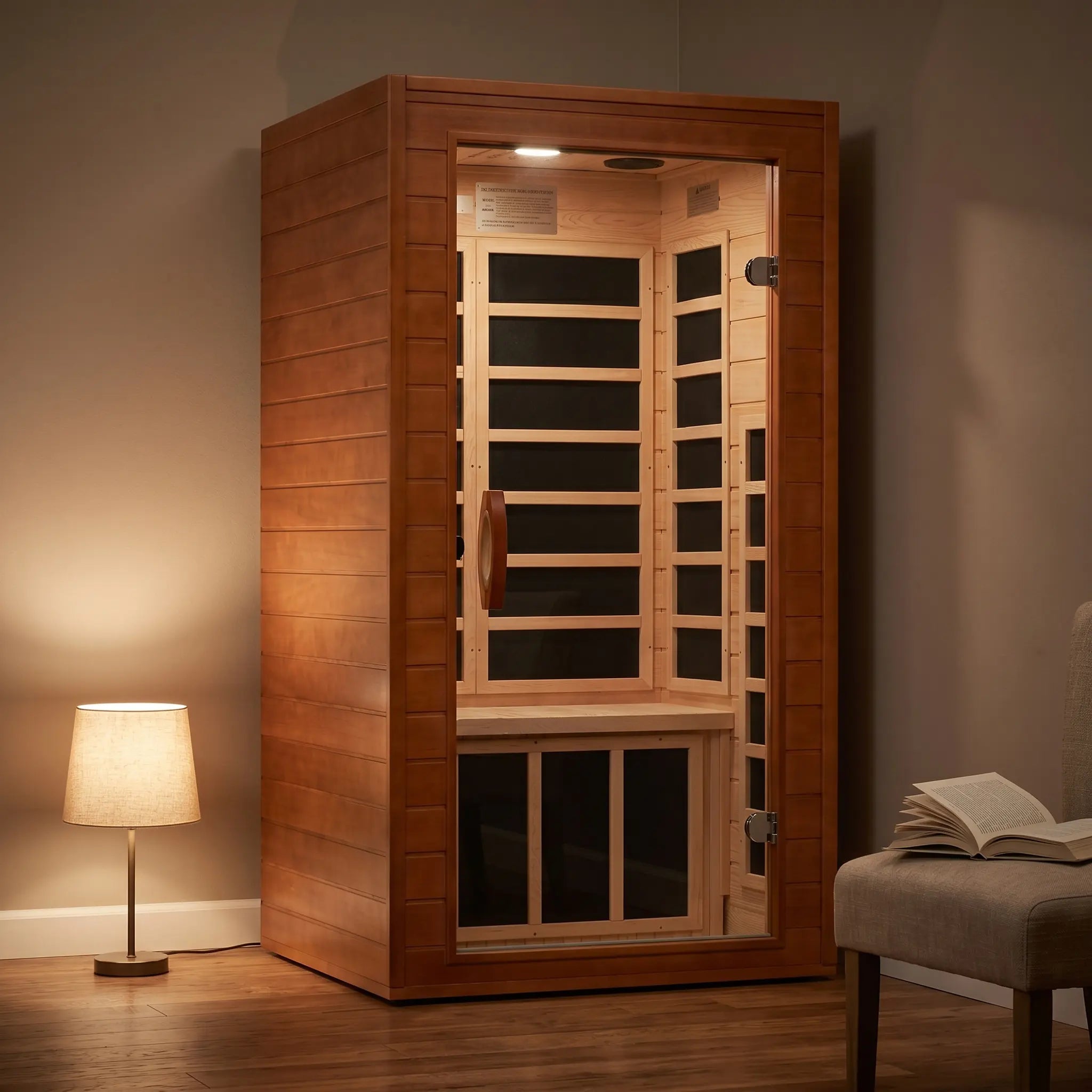 Golden Designs Dynamic Avila Elite ultra low EMF infrared sauna shown in a contemporary home setting