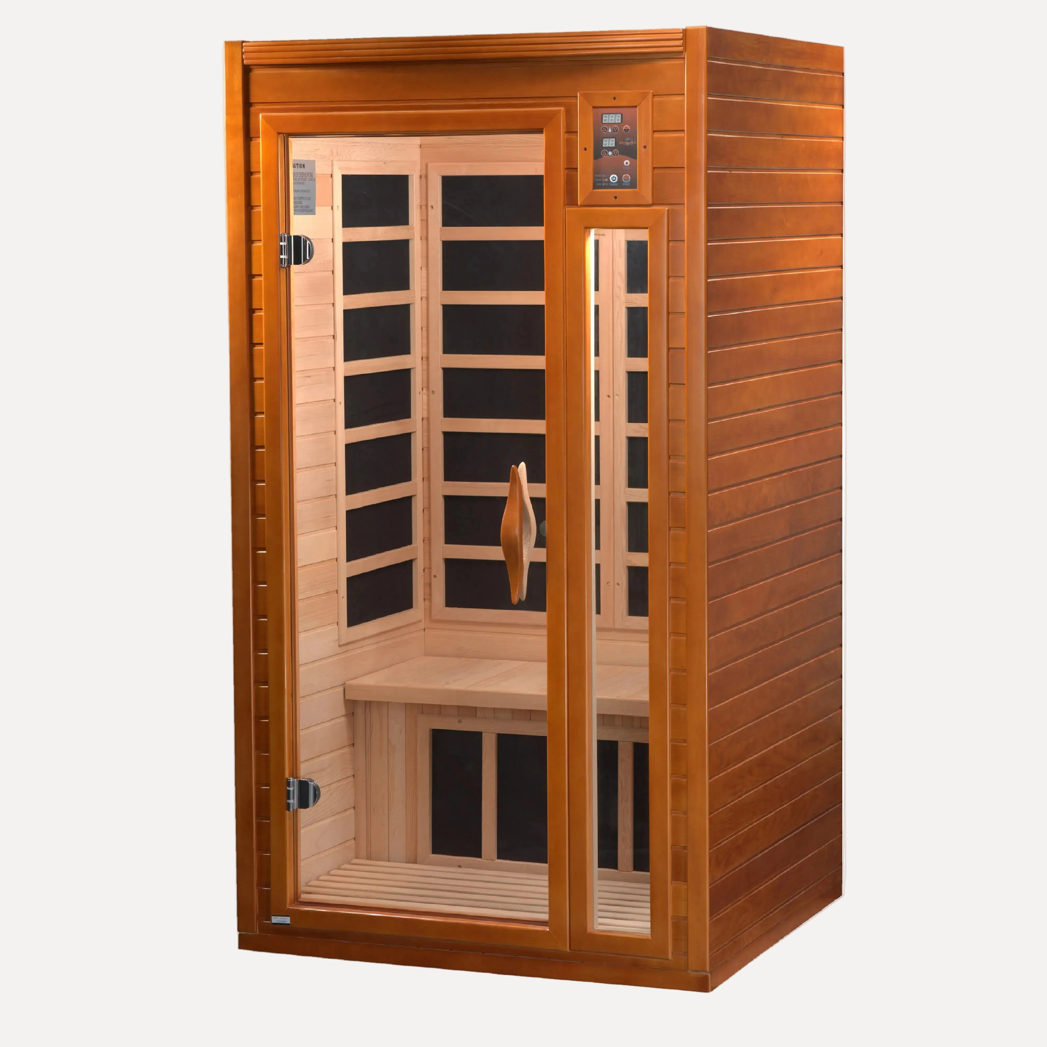 Golden Designs Dynamic Barcelona Elite ultra low EMF infrared sauna shown at a front three-quarter angle