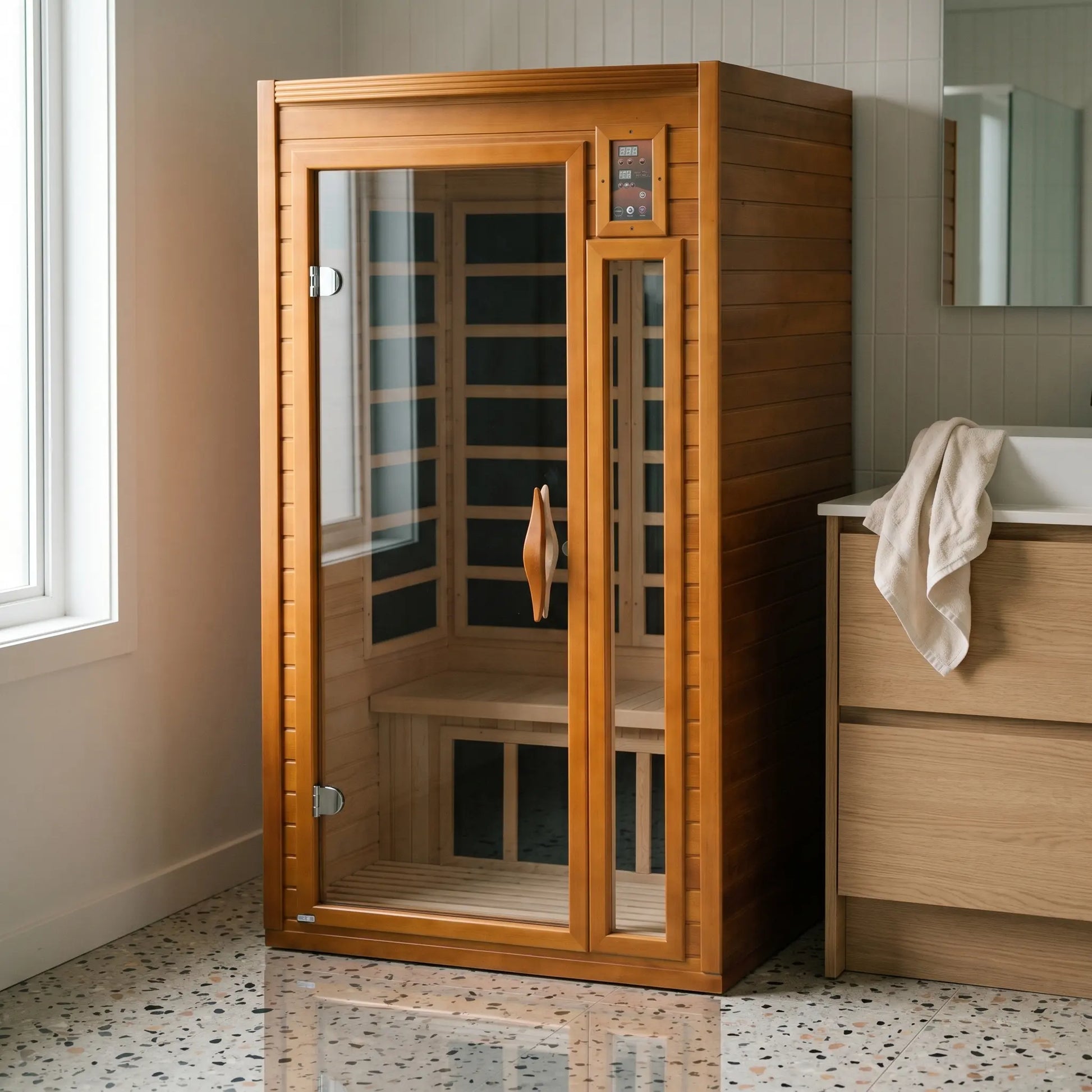 Golden Designs Dynamic Barcelona Elite ultra low EMF infrared sauna styled in a modern home interior
