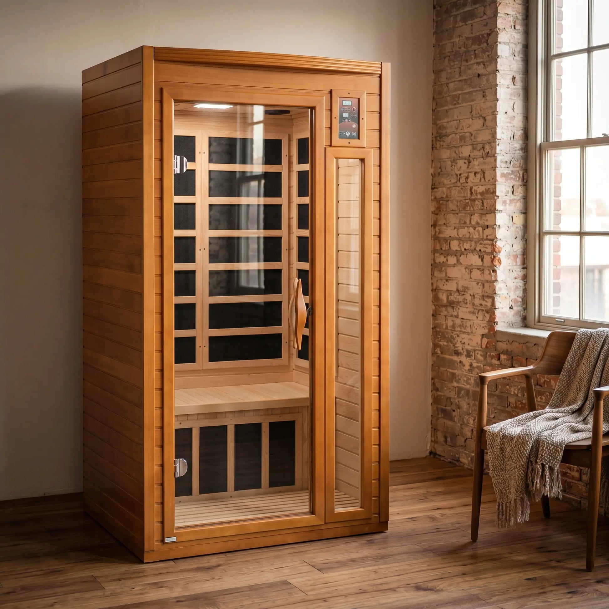 Golden Designs Dynamic Barcelona Elite ultra low EMF infrared sauna shown in a contemporary home setting