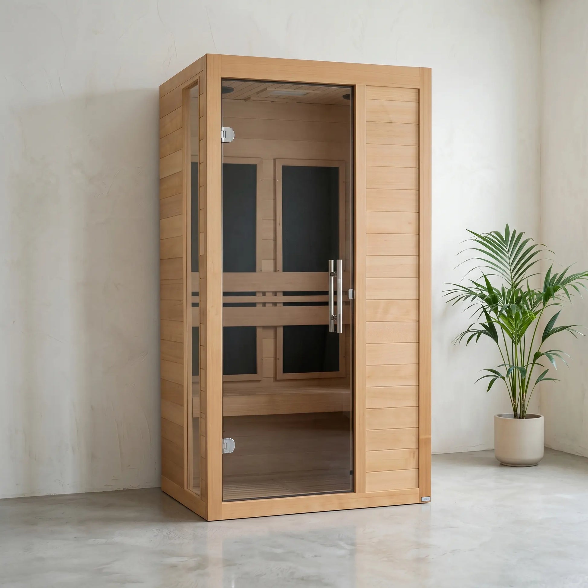 Golden Designs Dynamic Veneto Elite ultra low EMF infrared sauna styled in a modern home interior