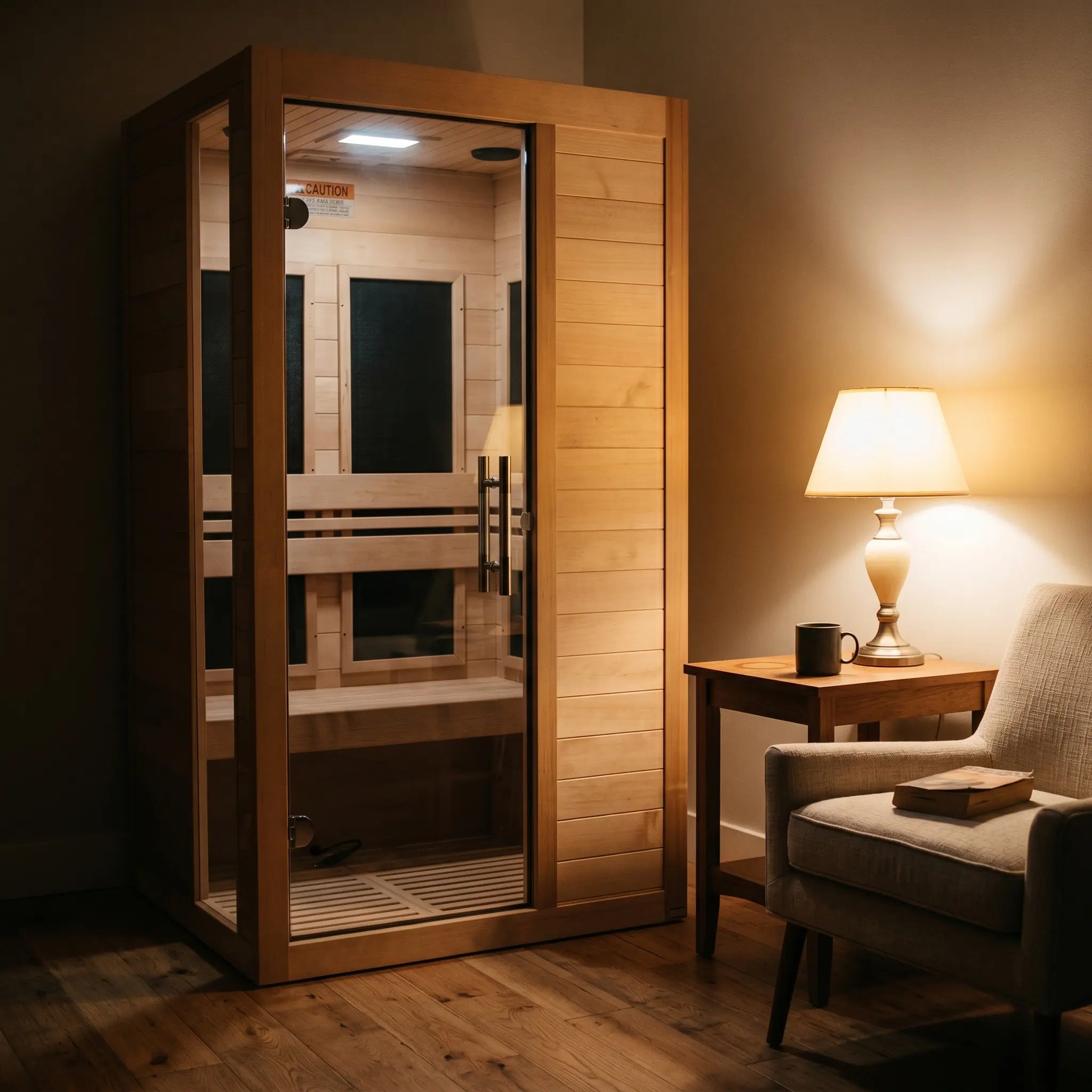 Golden Designs Dynamic Veneto Elite ultra low EMF infrared sauna shown in a contemporary home setting
