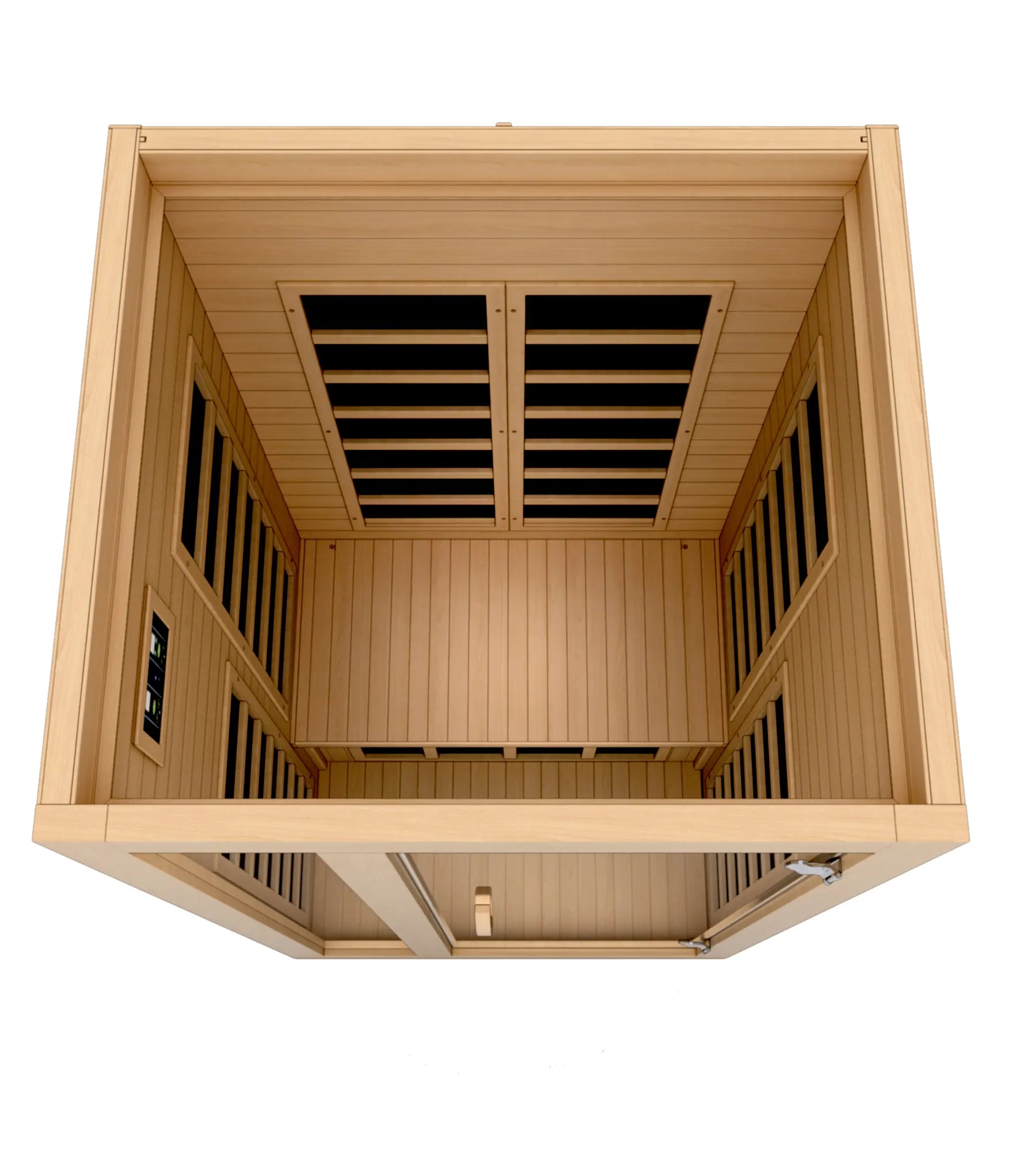 Golden Designs Dynamic Gracia Elite ultra low EMF infrared sauna detail view of the cabin and glass door