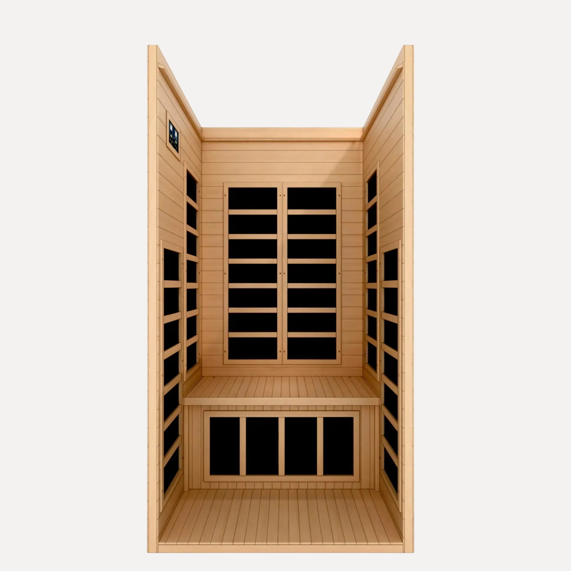 Interior of the Golden Designs Dynamic Gracia Elite infrared sauna with bench and carbon heating panels