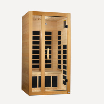 Golden Designs Dynamic Gracia 1-2 person low EMF far infrared sauna, front view on white background