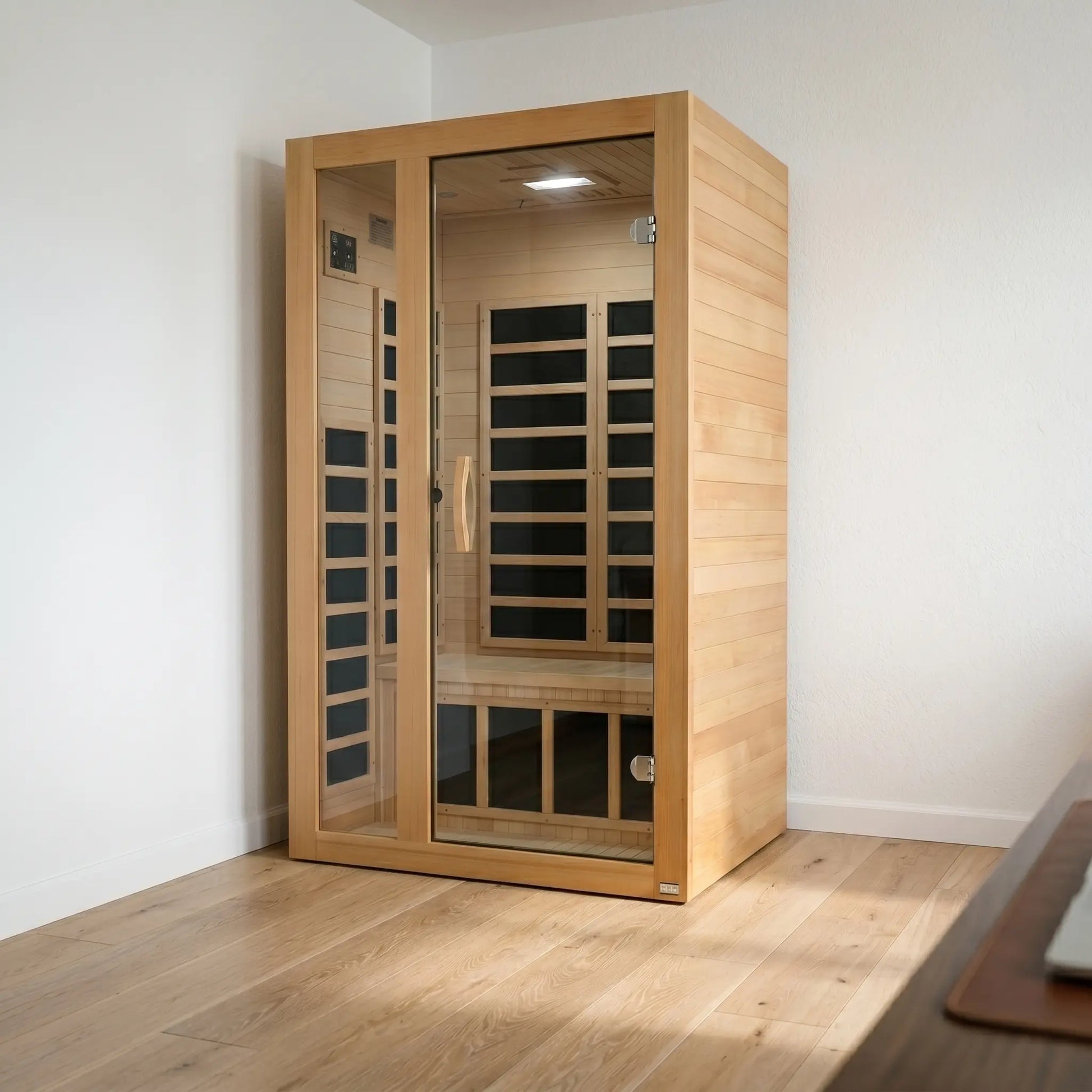Golden Designs Dynamic Gracia Elite ultra low EMF infrared sauna styled in a modern home interior