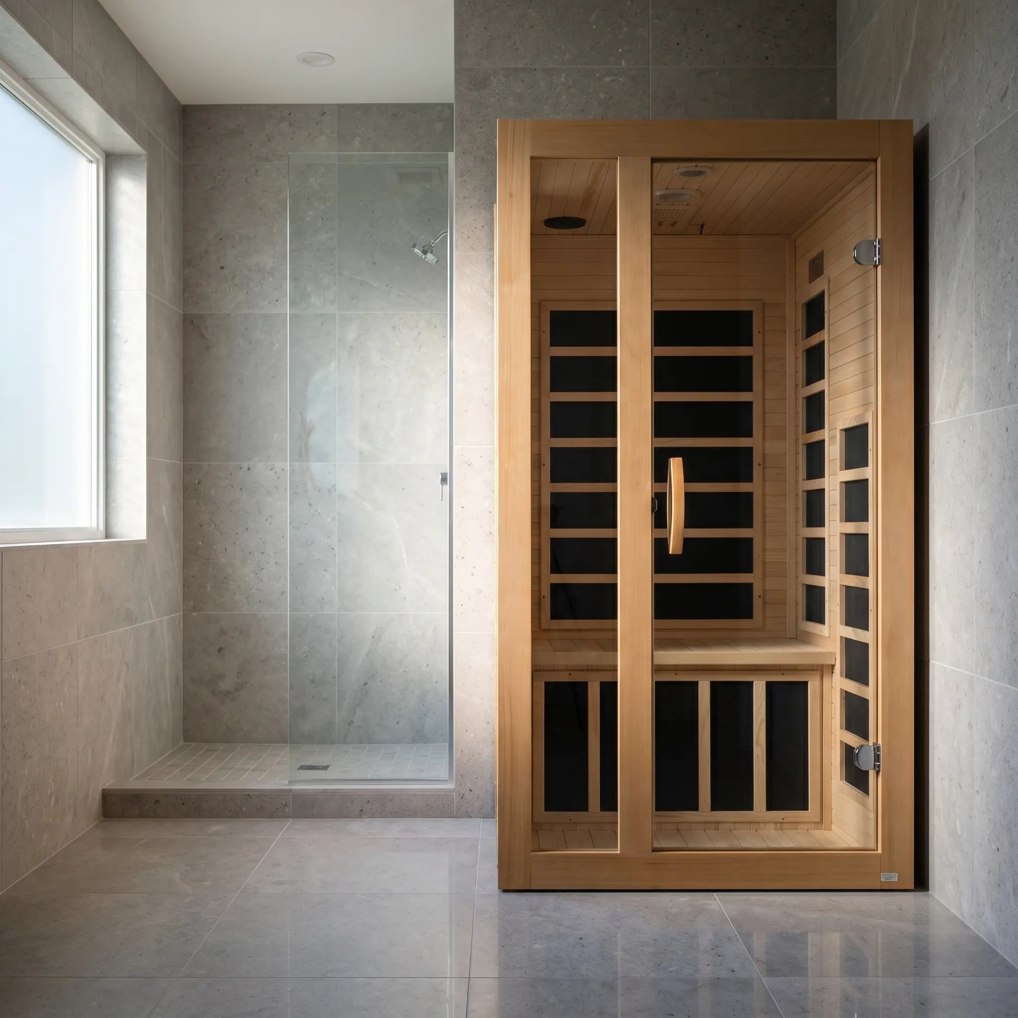 Golden Designs Dynamic Gracia Elite ultra low EMF infrared sauna shown in a contemporary home setting