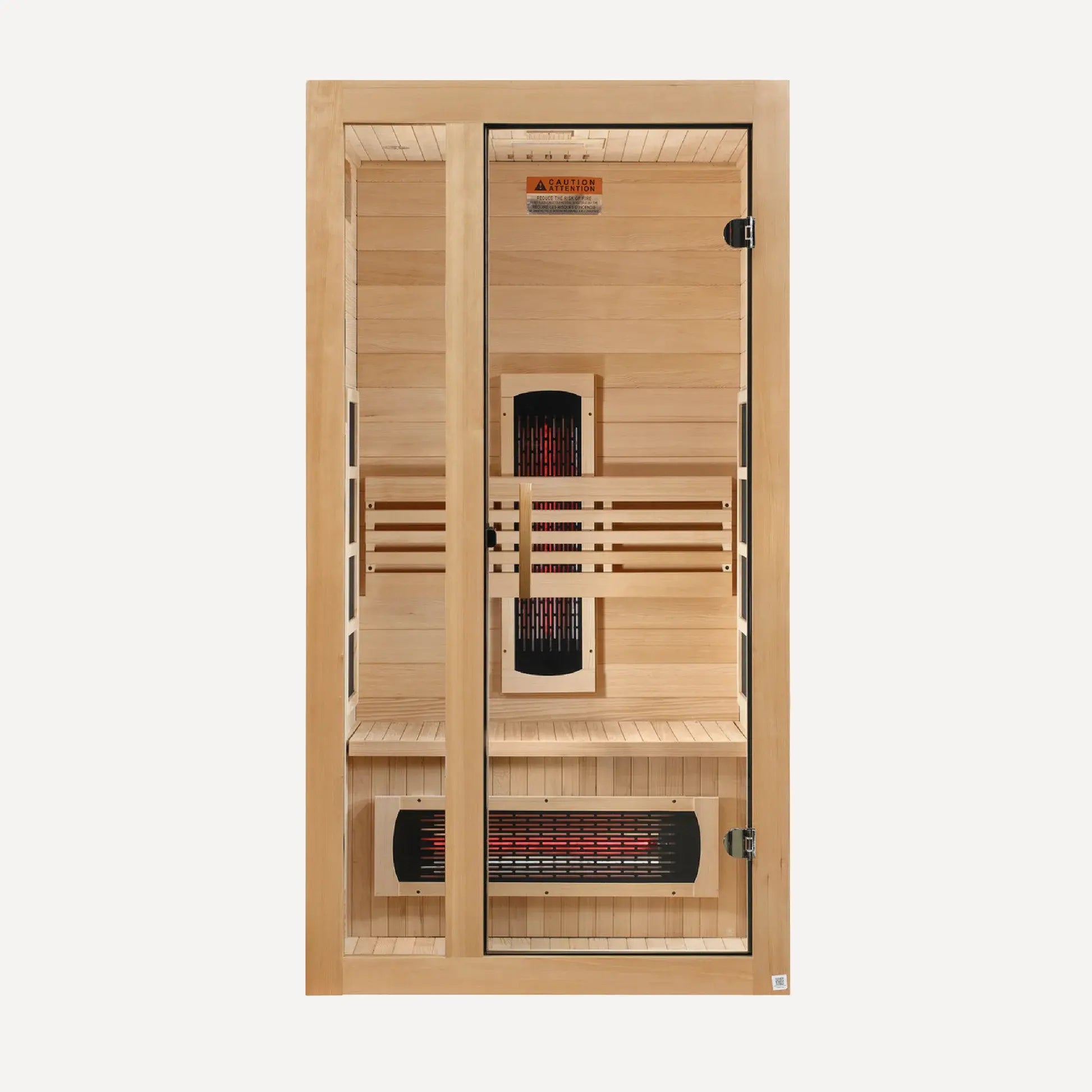 Golden Designs Dynamic Gracia full spectrum near zero EMF infrared sauna interior center view showing the bench and heating panels