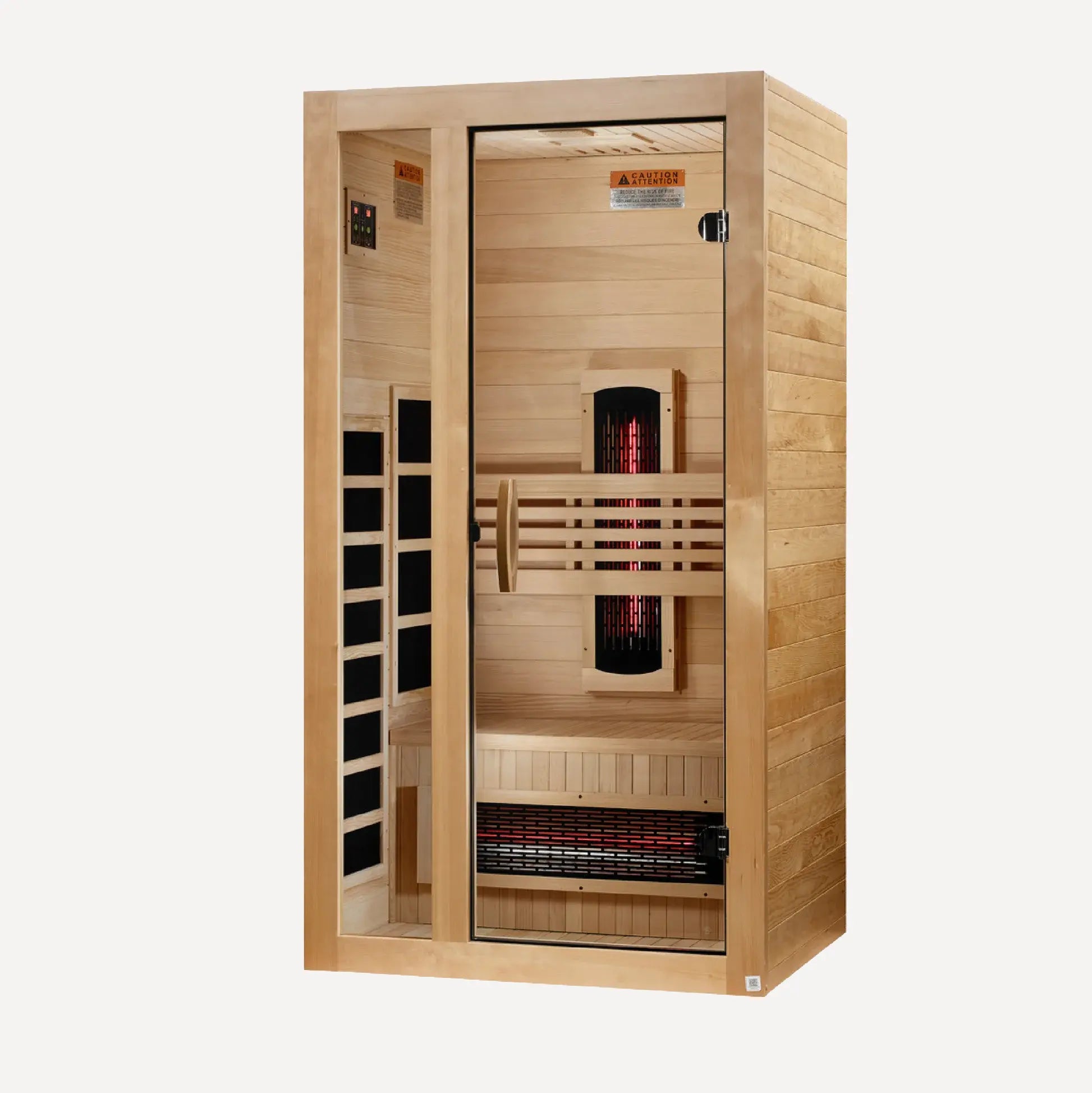 Golden Designs Dynamic Gracia full spectrum near zero EMF infrared sauna interior view from the left showing the bench and heating panels