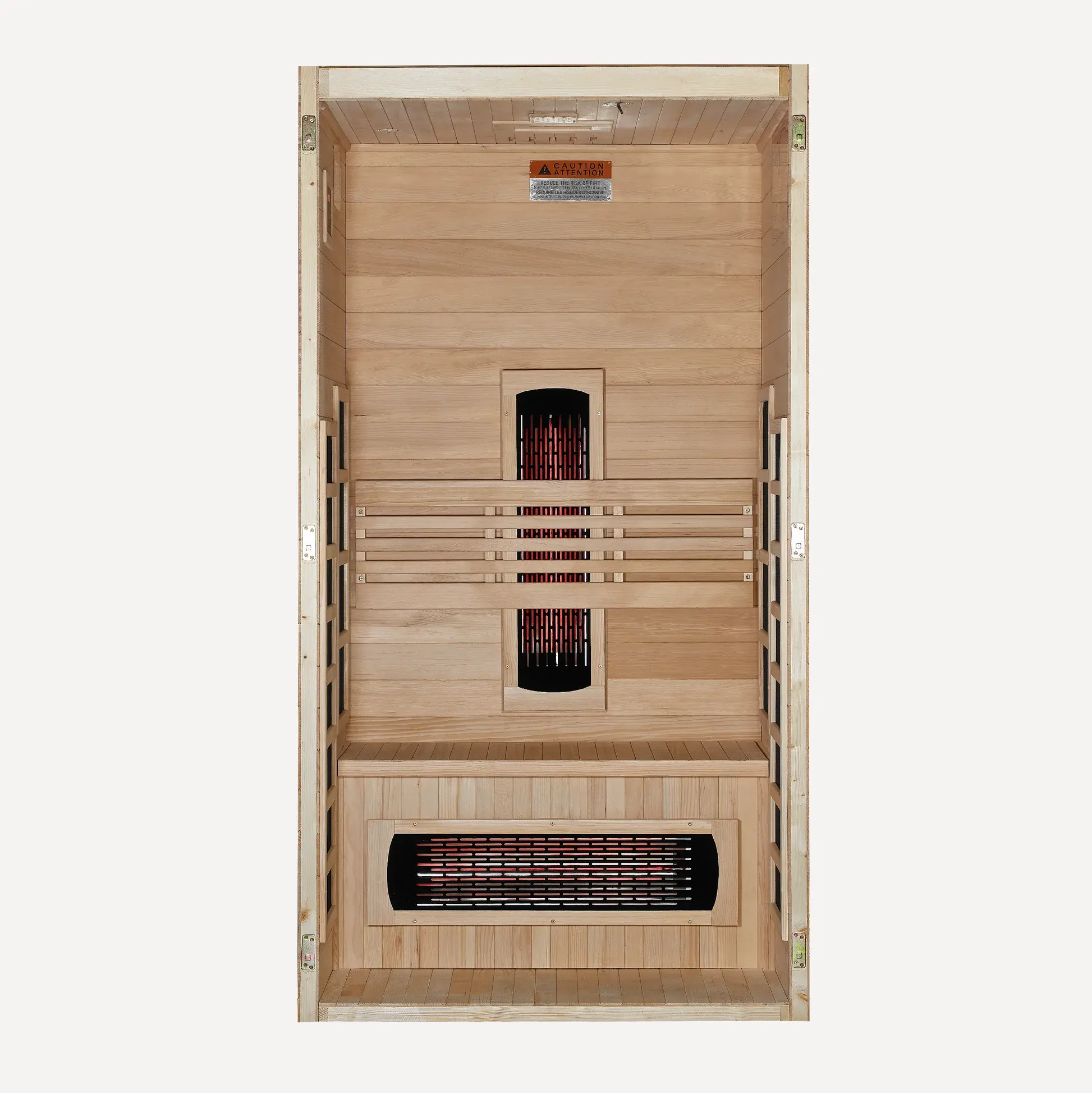 Golden Designs Dynamic Gracia full spectrum near zero EMF infrared sauna interior cutaway with the front wall removed showing the bench layout