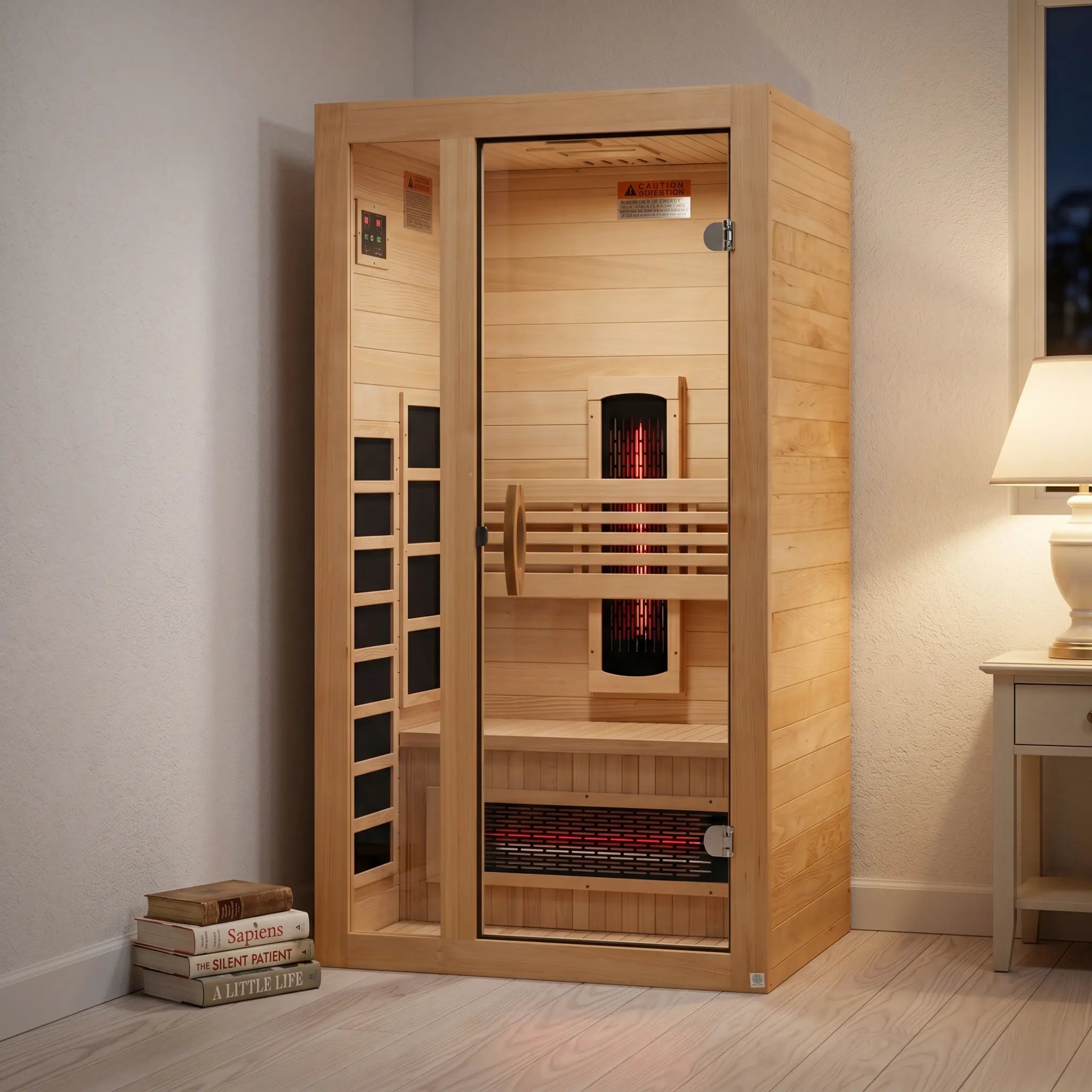Golden Designs Dynamic Gracia full spectrum near zero EMF infrared sauna shown in a contemporary home setting