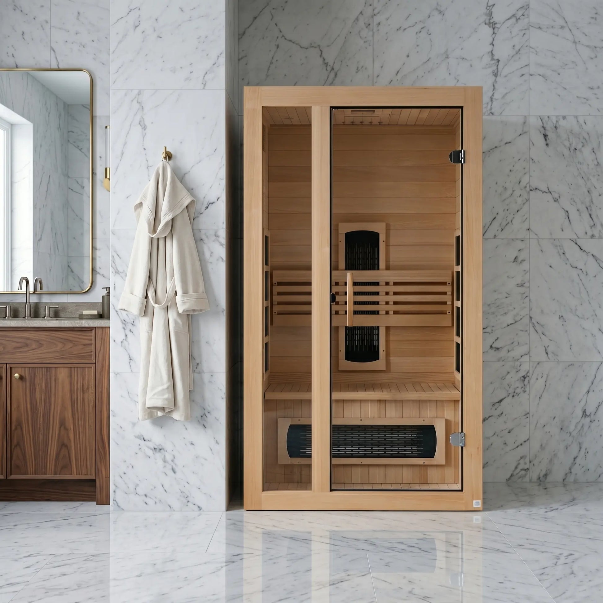 Golden Designs Dynamic Gracia full spectrum near zero EMF infrared sauna styled in a modern home interior