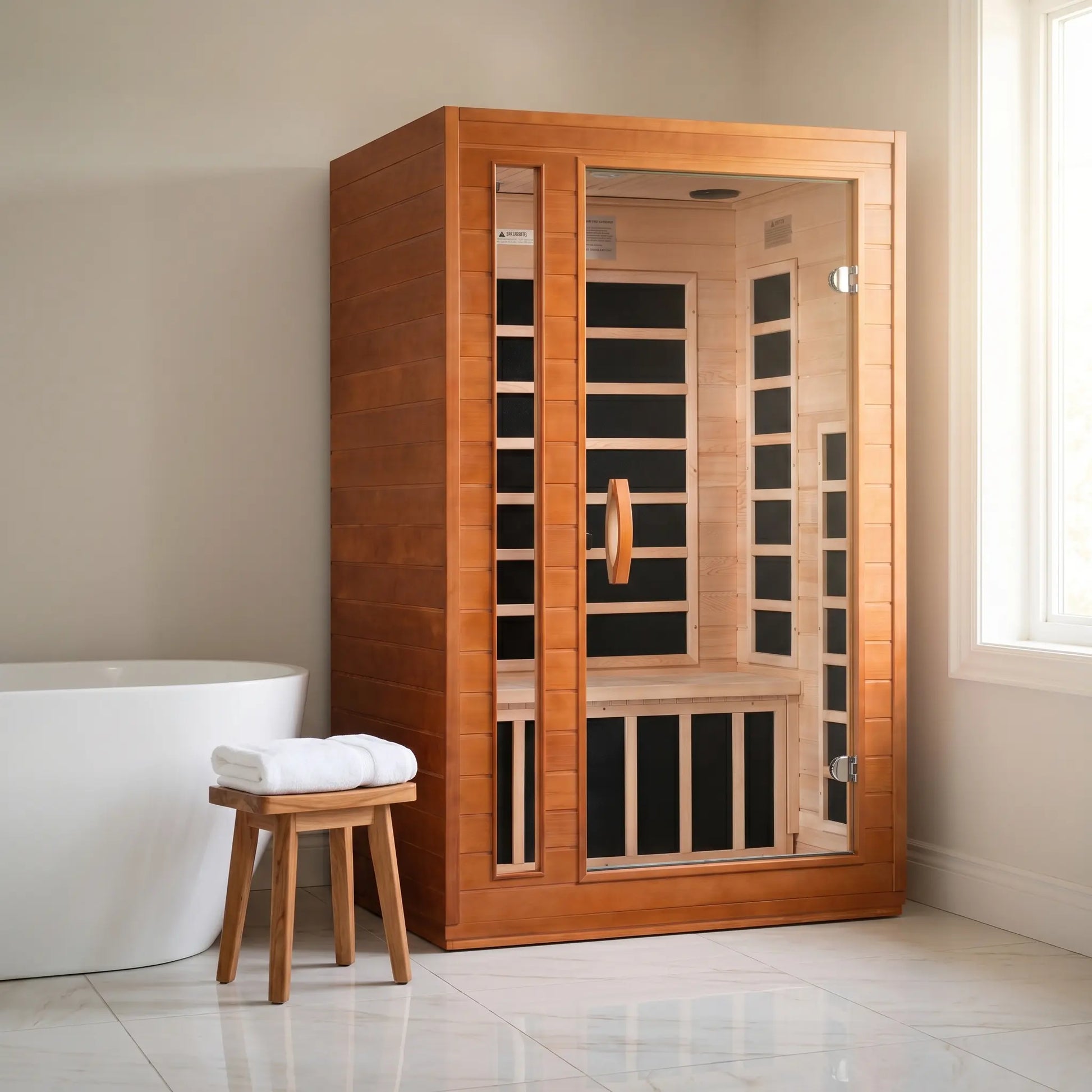 Golden Designs Dynamic Cordoba low EMF infrared sauna shown in a contemporary home setting