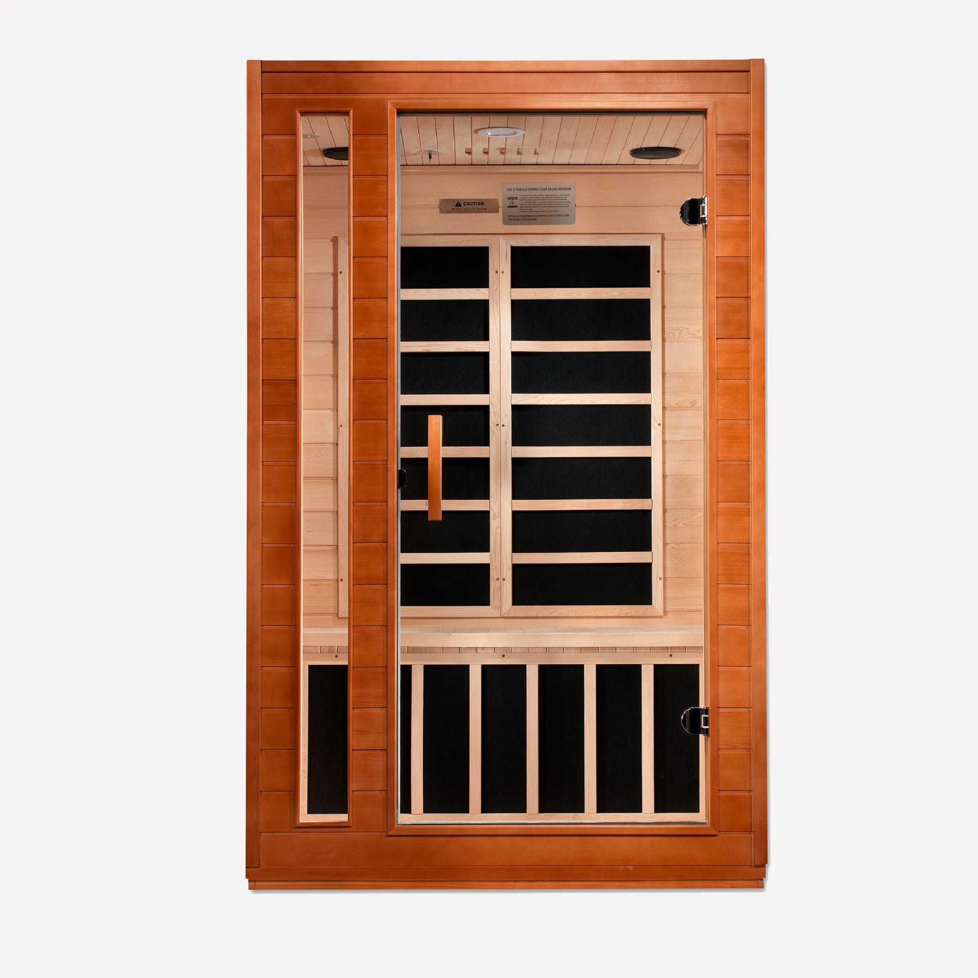 Golden Designs Dynamic Cordoba Elite far infrared sauna angled view showing the glass front