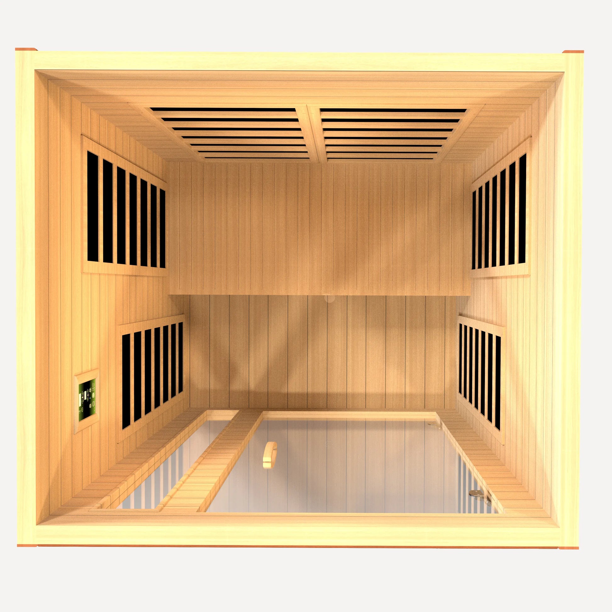 Interior of the Golden Designs Dynamic Cordoba Elite infrared sauna with bench and carbon heating panels