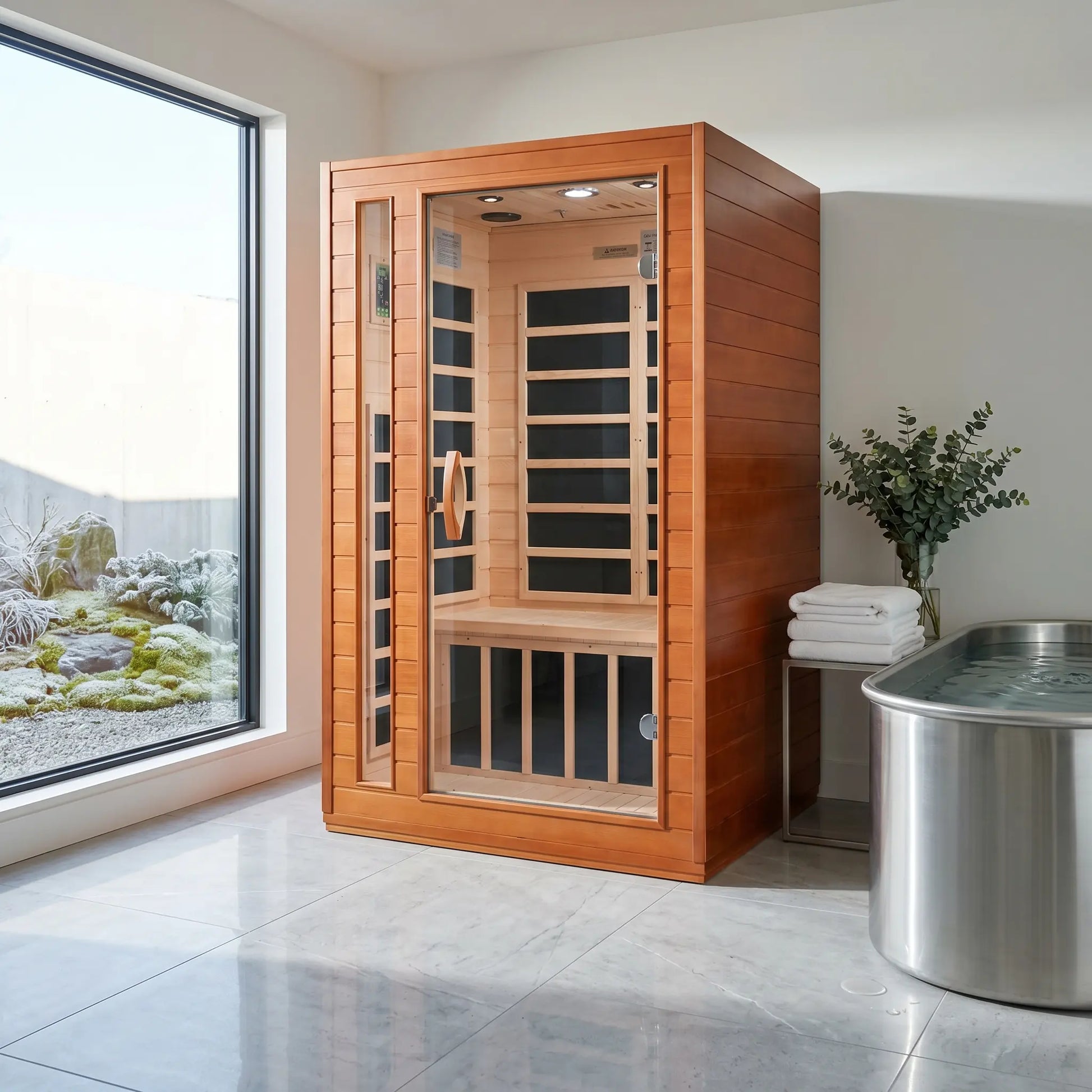 Golden Designs Dynamic Cordoba Elite far infrared sauna shown at a front three-quarter angle