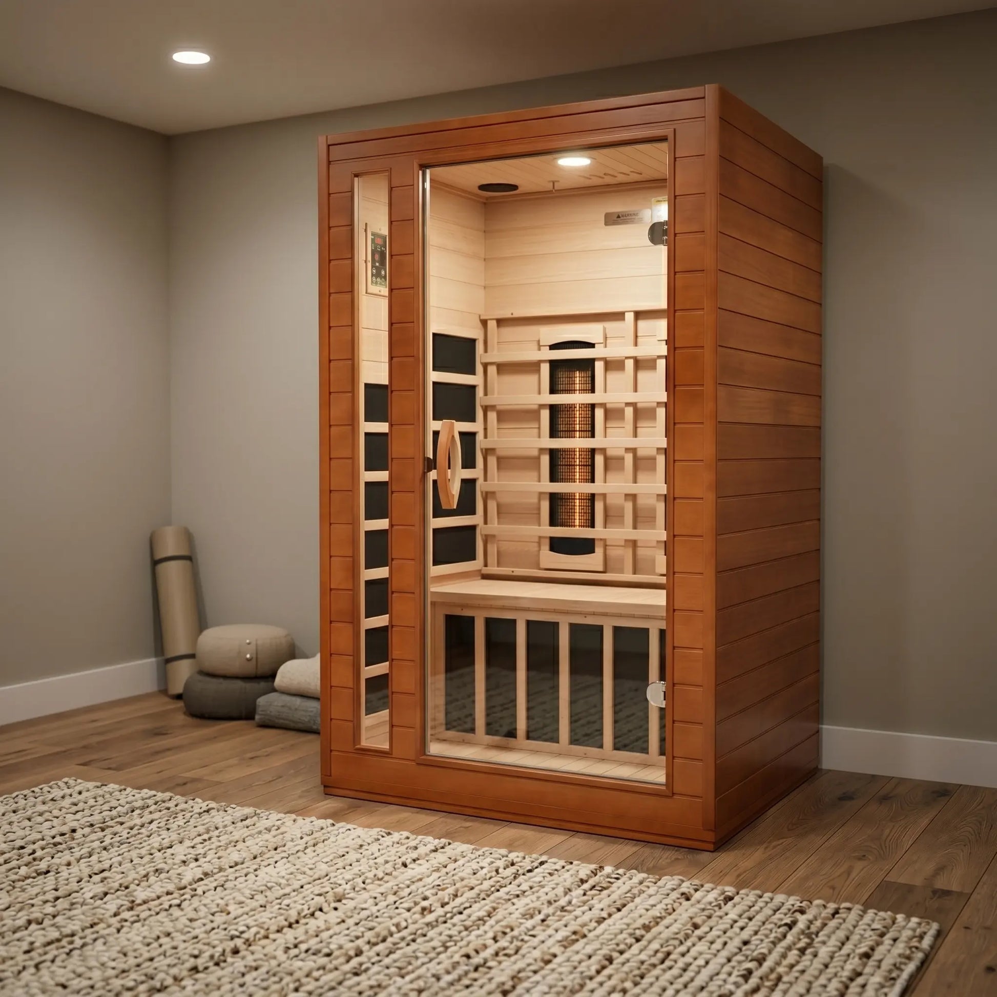 Golden Designs Dynamic Cordoba full spectrum near zero EMF infrared sauna shown in a contemporary home setting