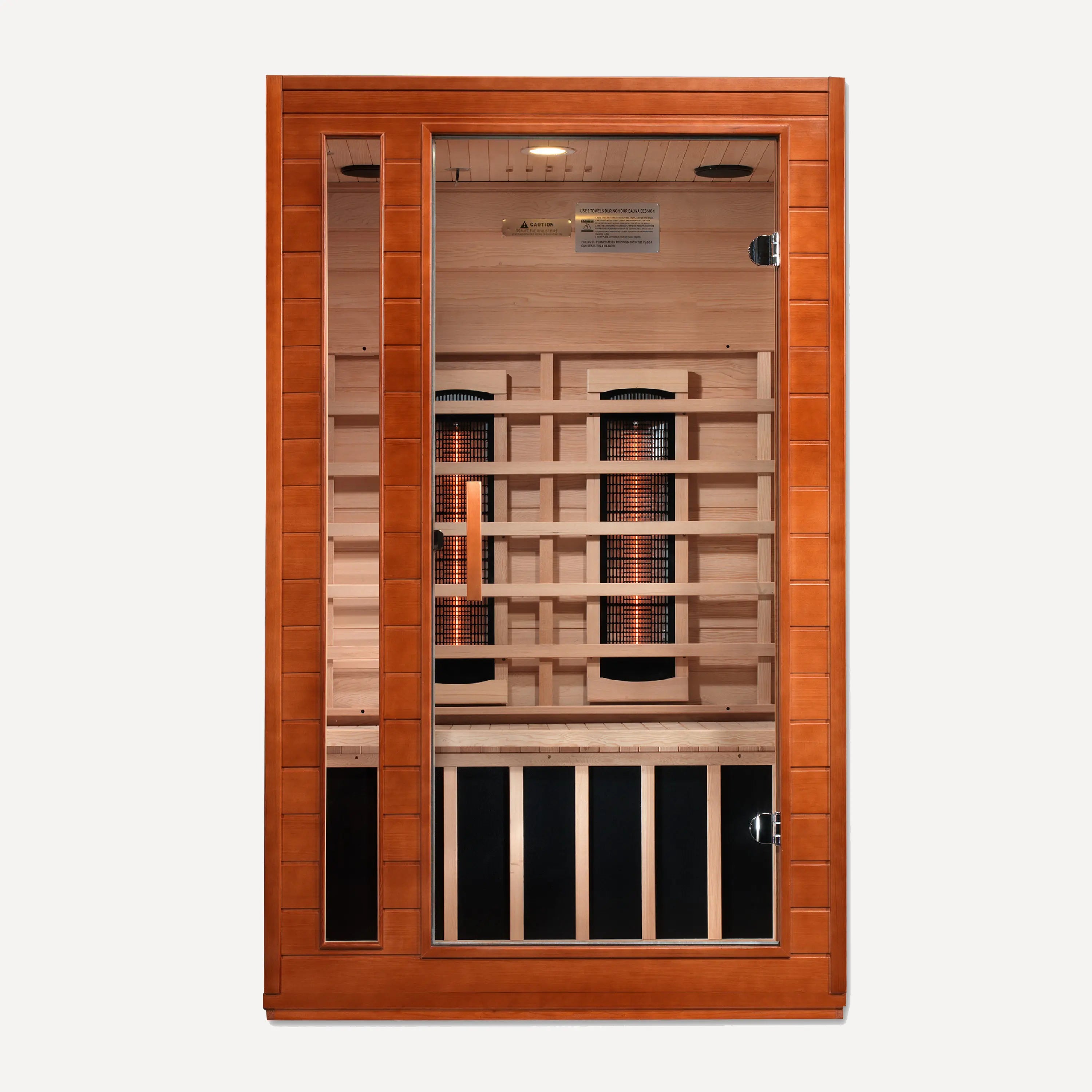 Golden Designs Dynamic Cordoba full spectrum near zero EMF infrared sauna shown at a front three-quarter angle