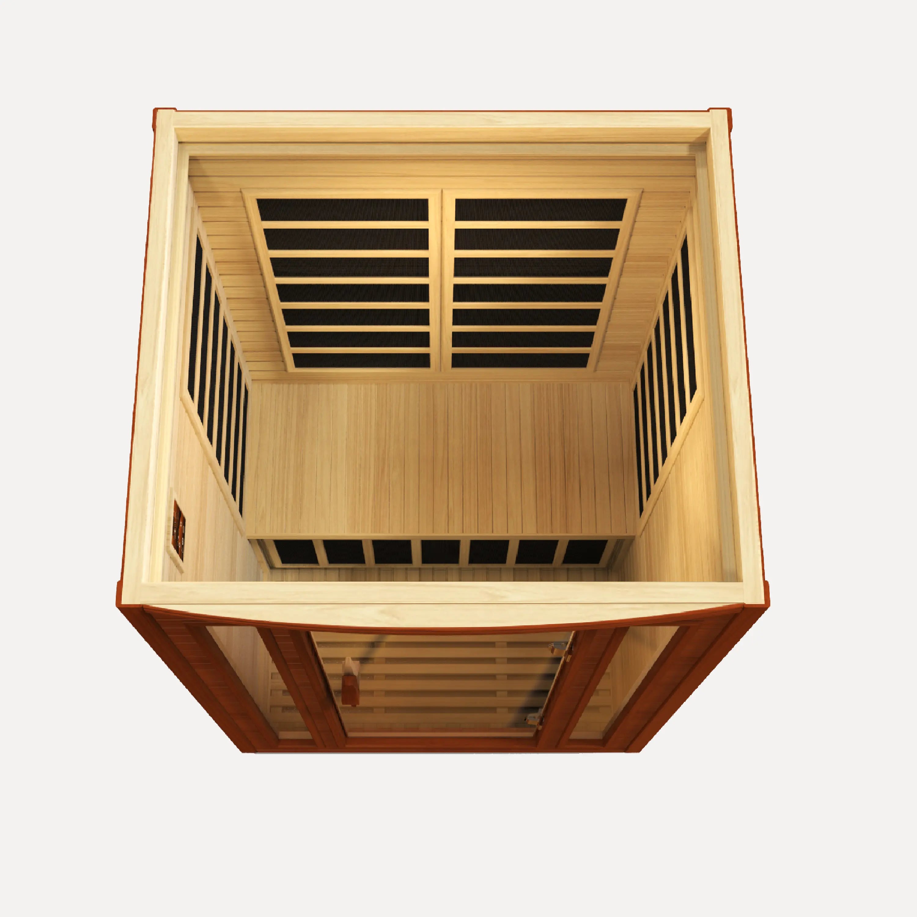 Golden Designs Dynamic San Marino Elite 2 Person Ultra Low EMF Far Infrared Sauna, front view with the tempered glass door closed