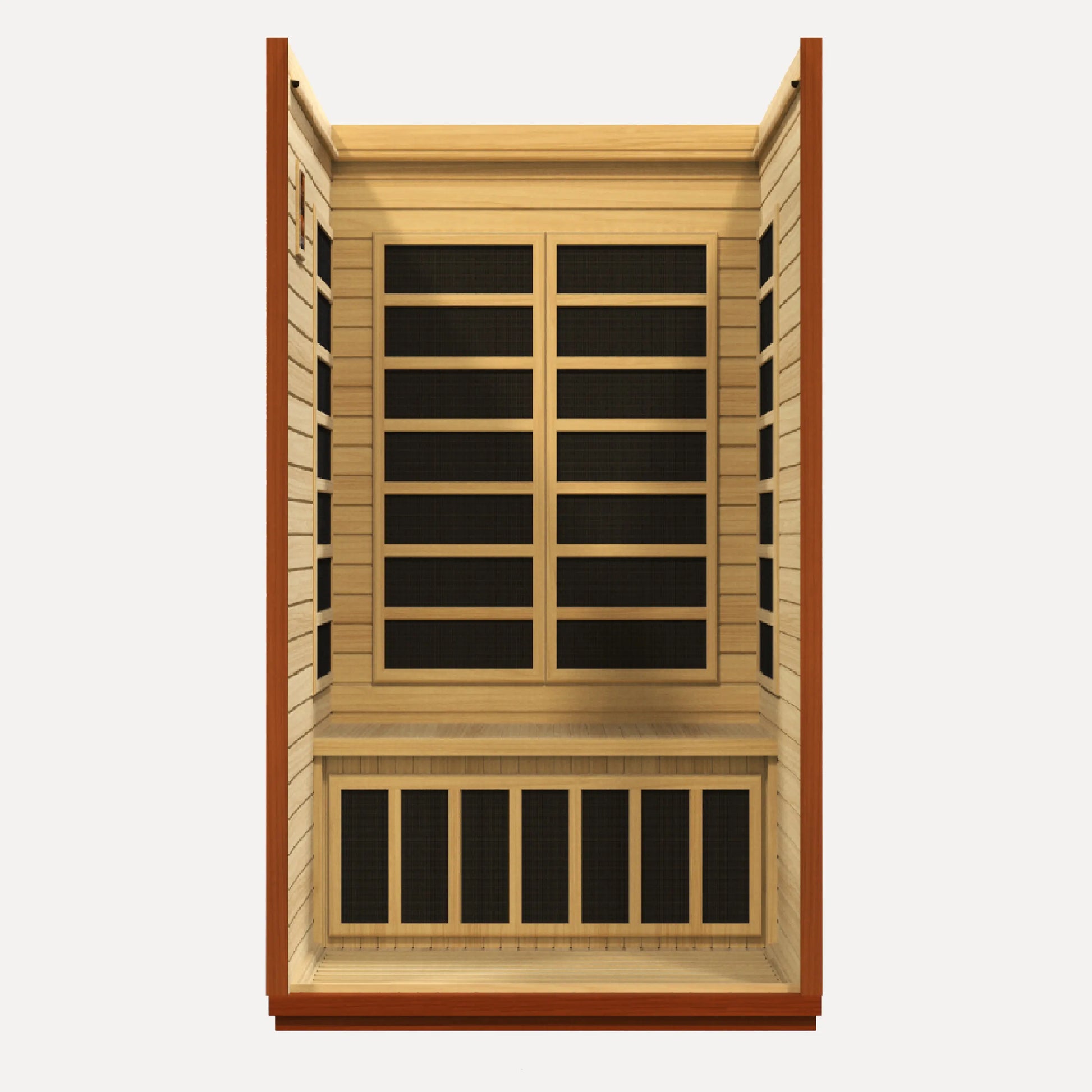 Golden Designs Dynamic San Marino Elite 2 Person Ultra Low EMF Far Infrared Sauna, detail view of the cabin and glass door