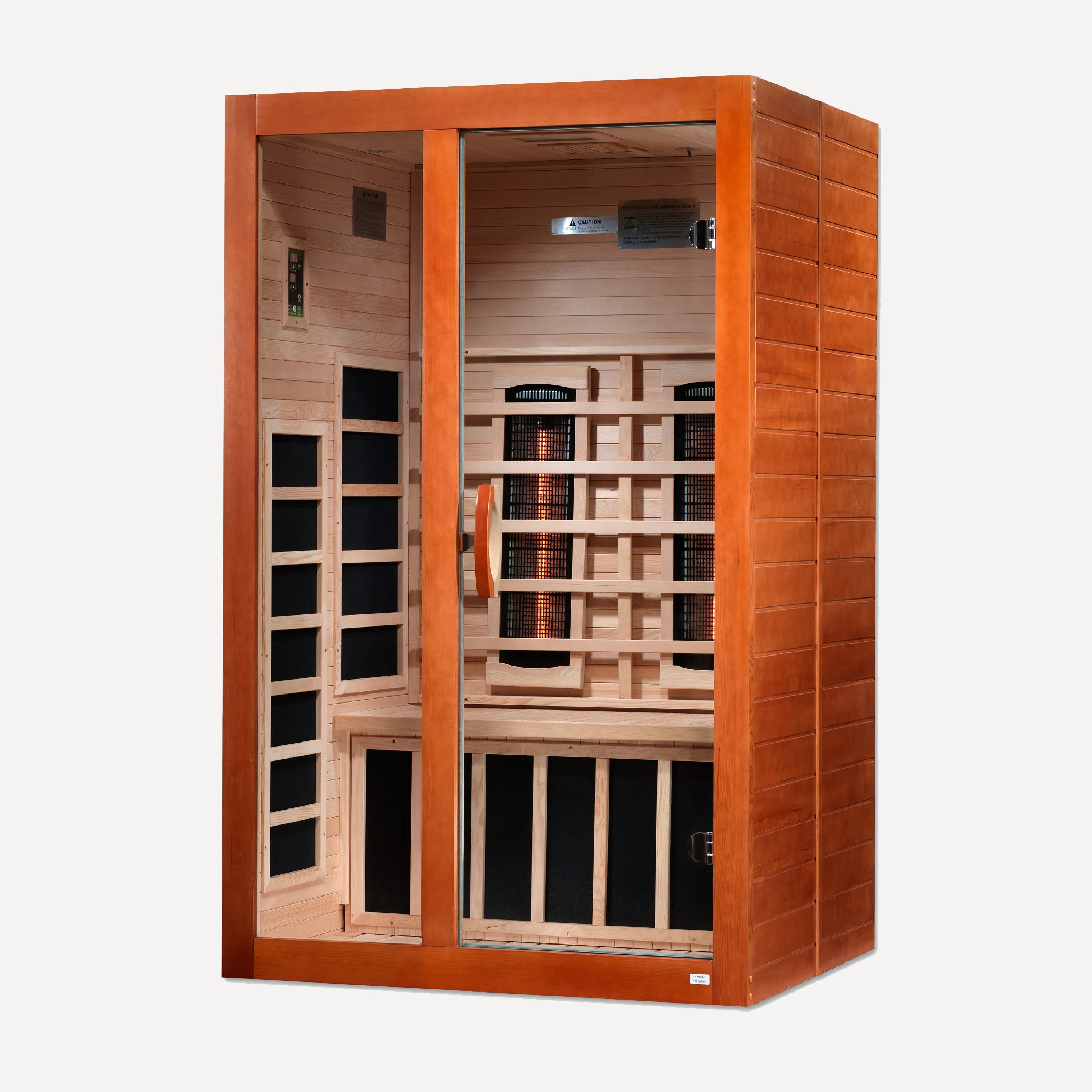 Golden Designs Dynamic Santiago full spectrum near zero EMF infrared sauna shown at a front three-quarter angle
