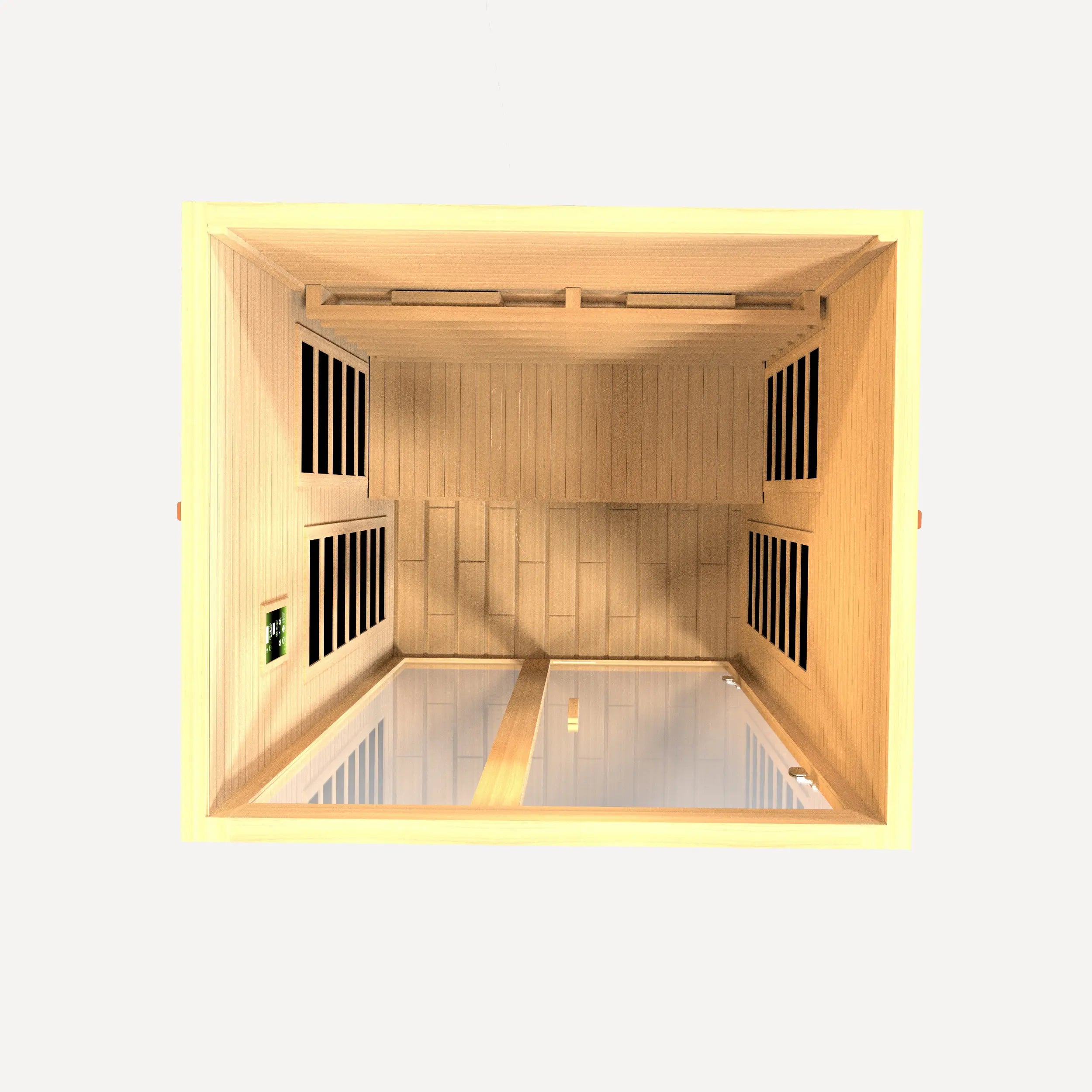 Interior of the Golden Designs Dynamic Santiago infrared sauna with bench and carbon heating panels