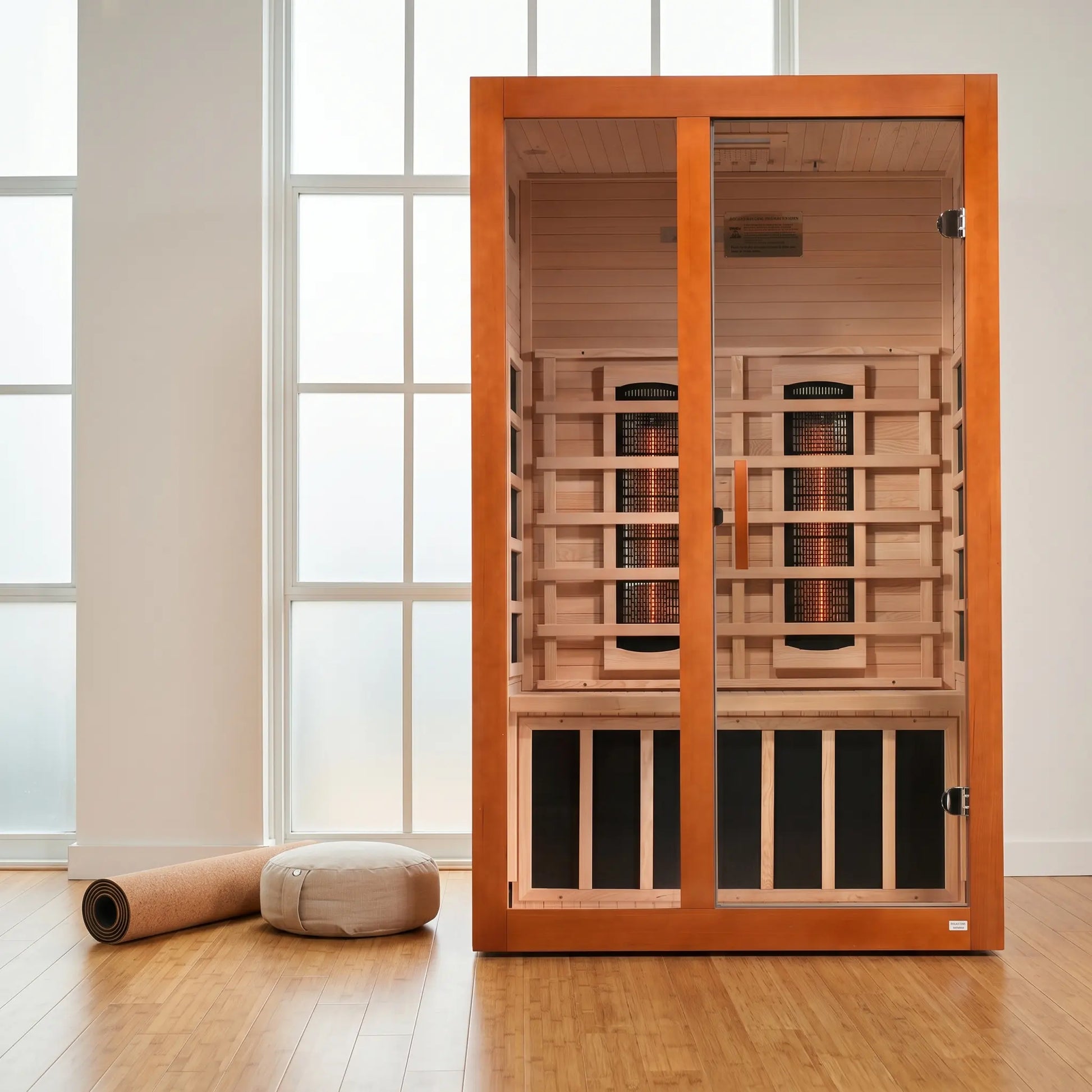 Golden Designs Dynamic Santiago full spectrum near zero EMF infrared sauna styled in a modern home interior