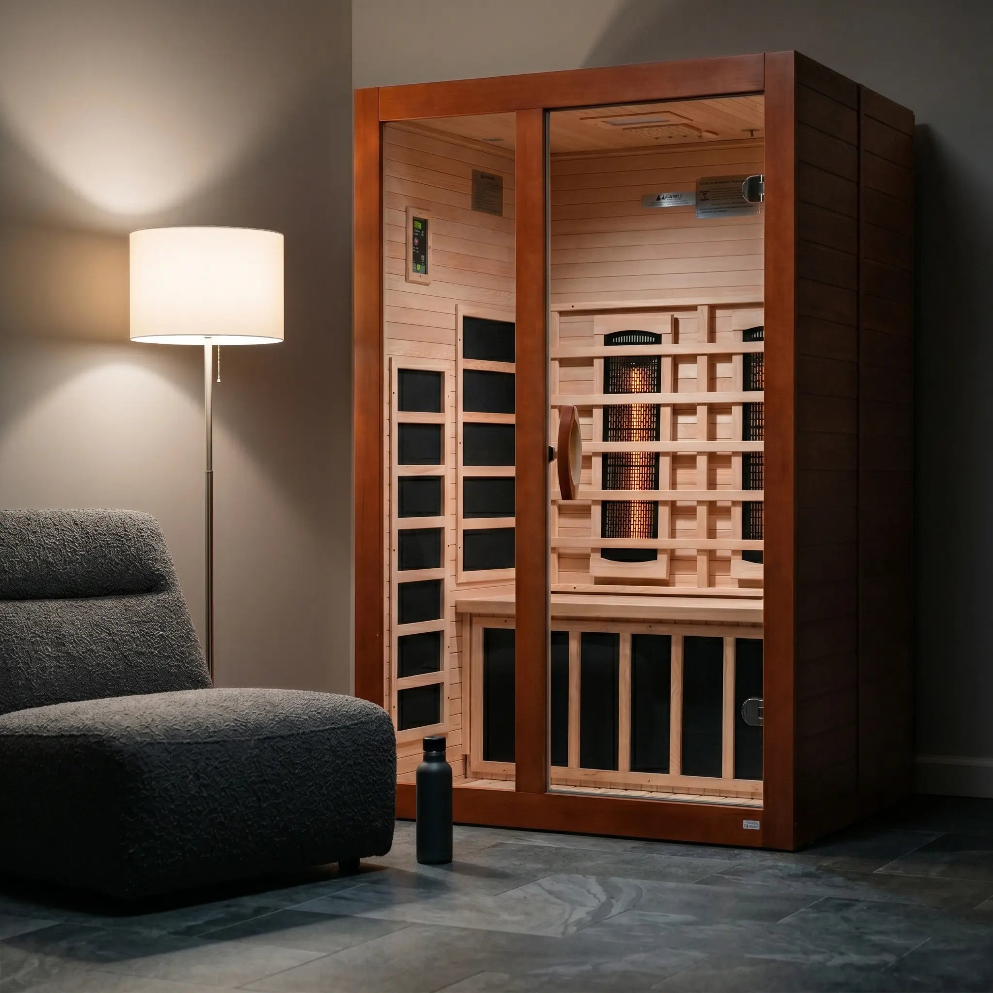 Golden Designs Dynamic Santiago full spectrum near zero EMF infrared sauna shown in a contemporary home setting