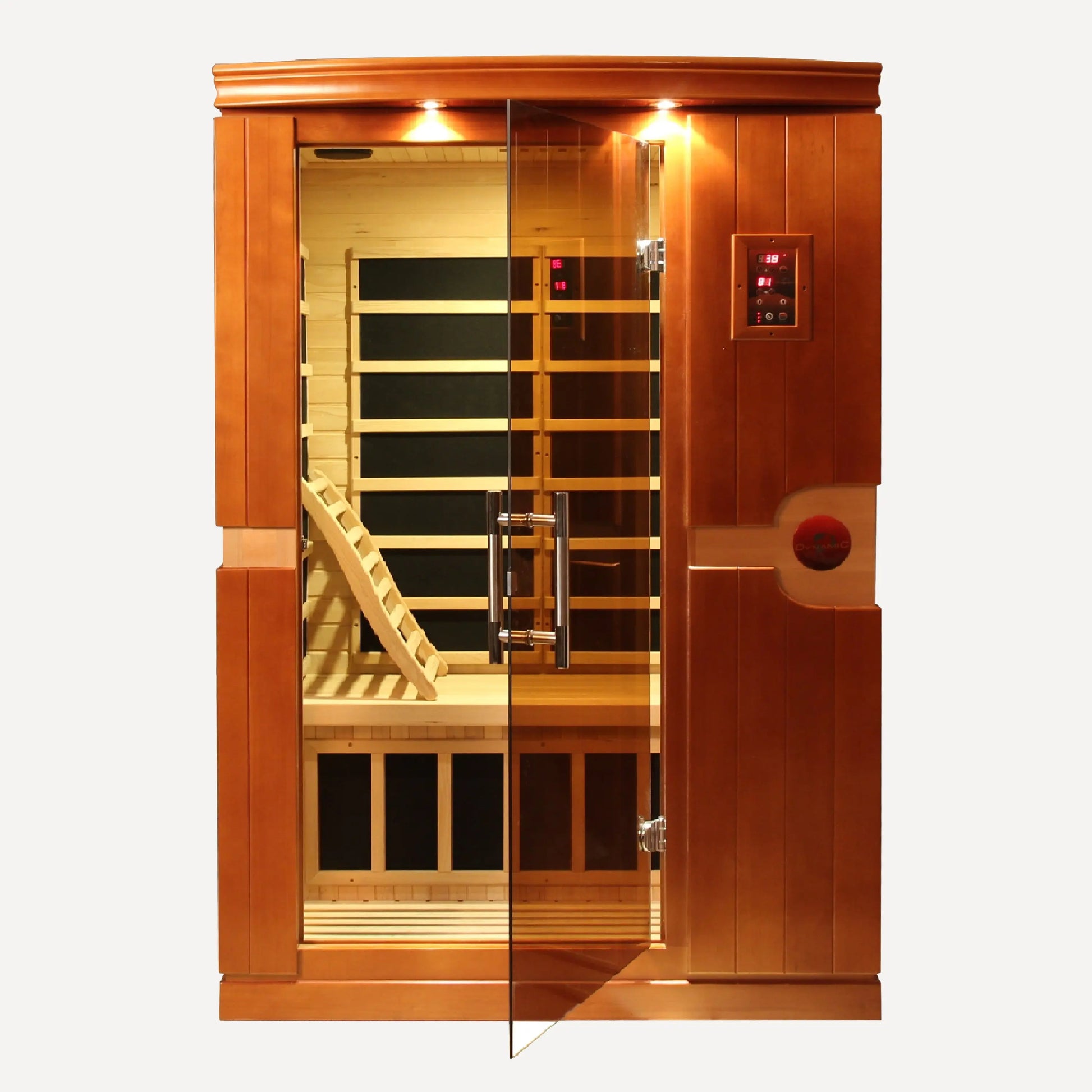 Golden Designs Dynamic Venice 2 person low EMF far infrared sauna, front view on white background