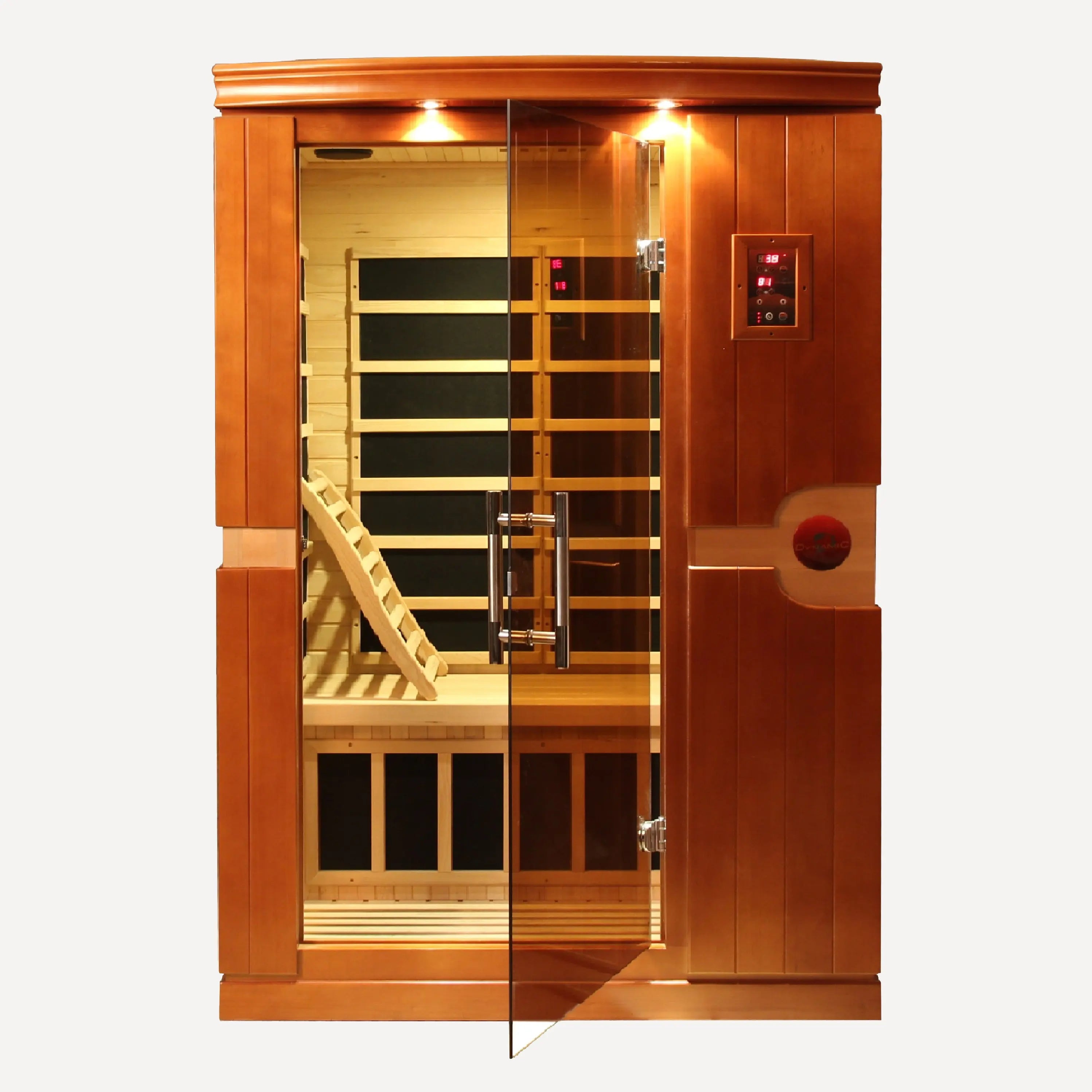 Golden Designs Dynamic Venice 2 person low EMF far infrared sauna, front view on white background