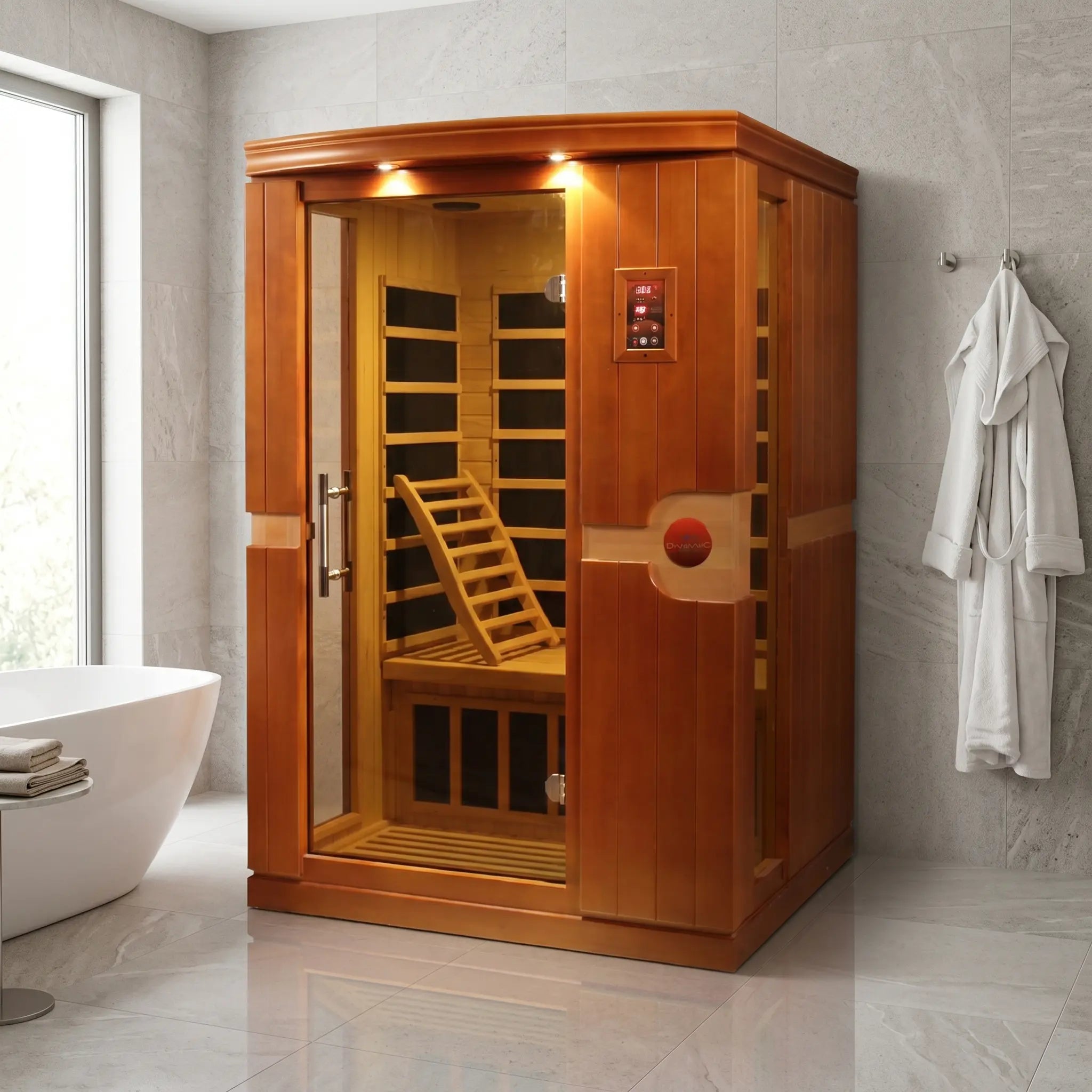 Golden Designs Dynamic Venice Elite ultra low EMF infrared sauna styled in a modern home interior