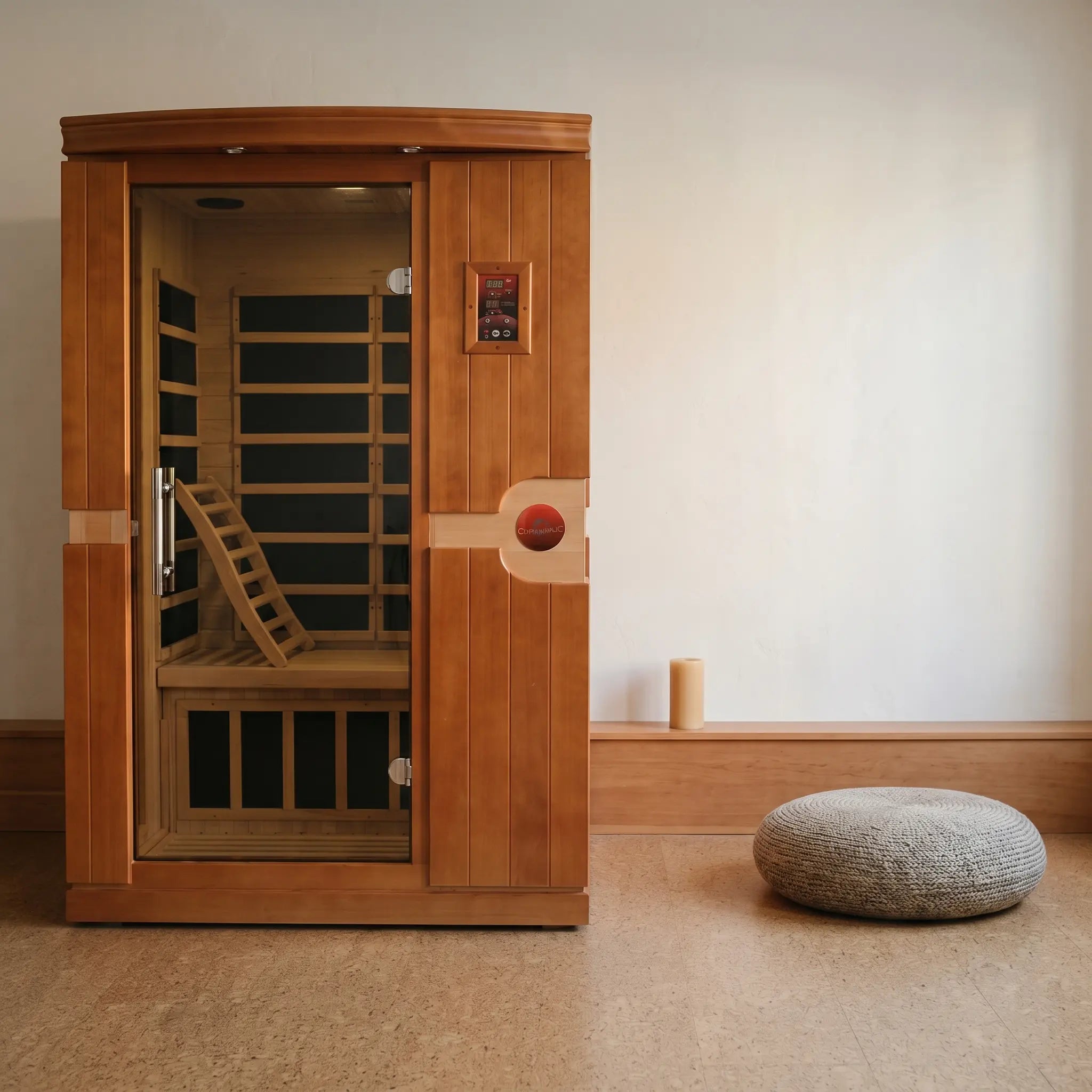 Golden Designs Dynamic Venice Elite ultra low EMF infrared sauna shown in a contemporary home setting