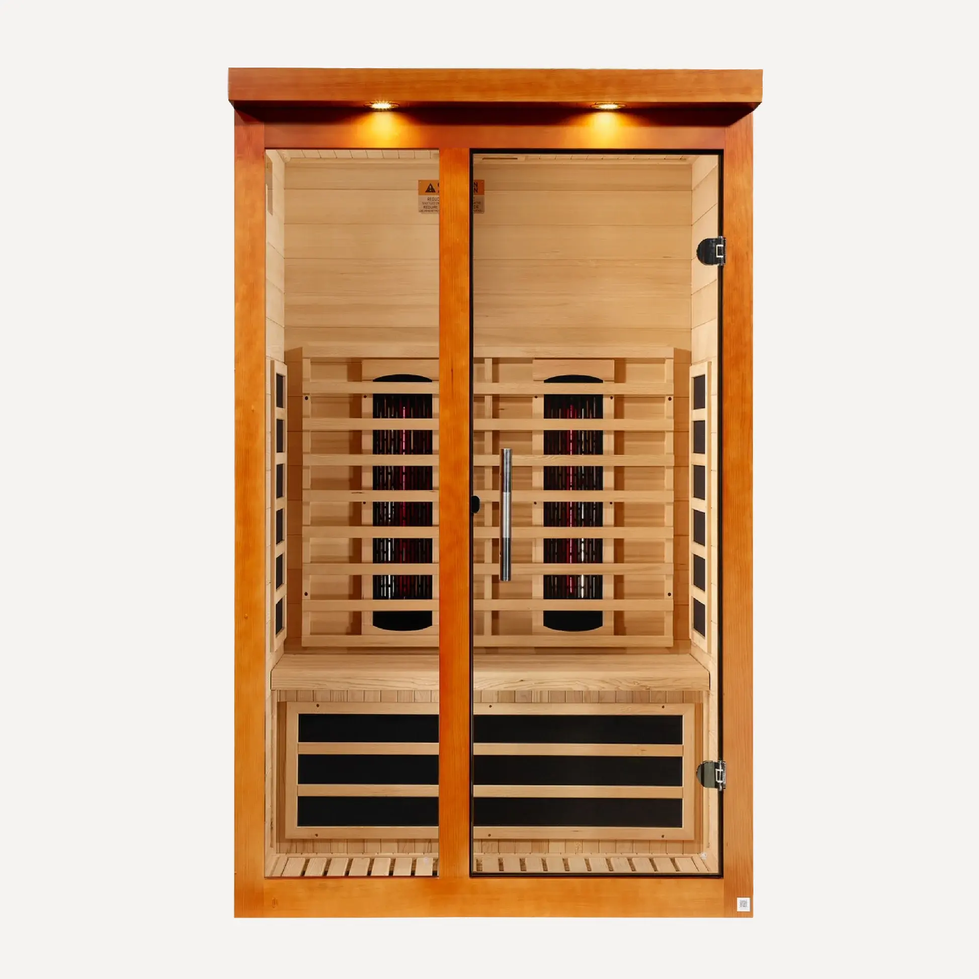 Golden Designs Dynamic Llumeneres full spectrum near zero EMF infrared sauna interior center view showing the bench and heating panels