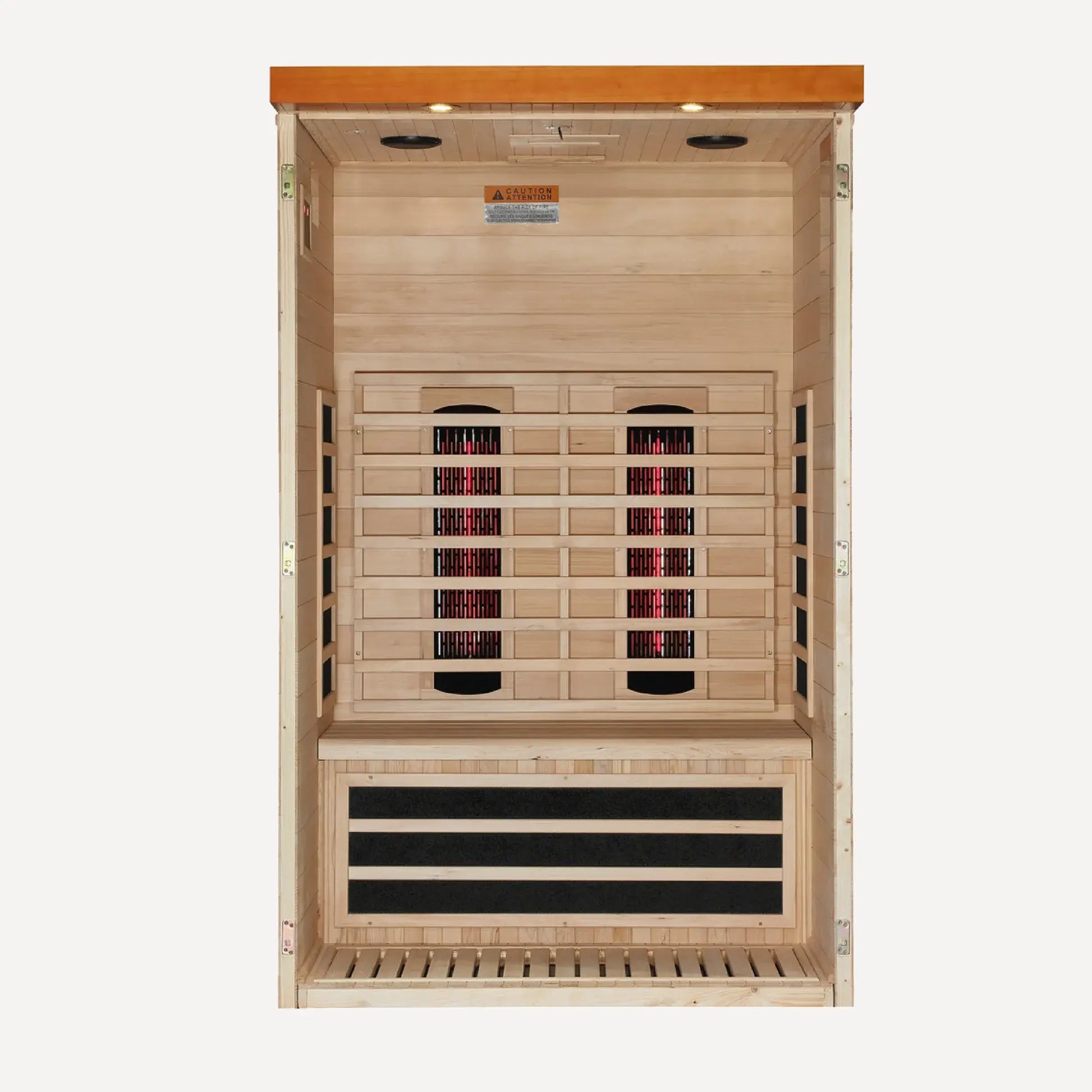 Golden Designs Dynamic Llumeneres full spectrum near zero EMF infrared sauna interior cutaway with the front wall removed showing the bench layout