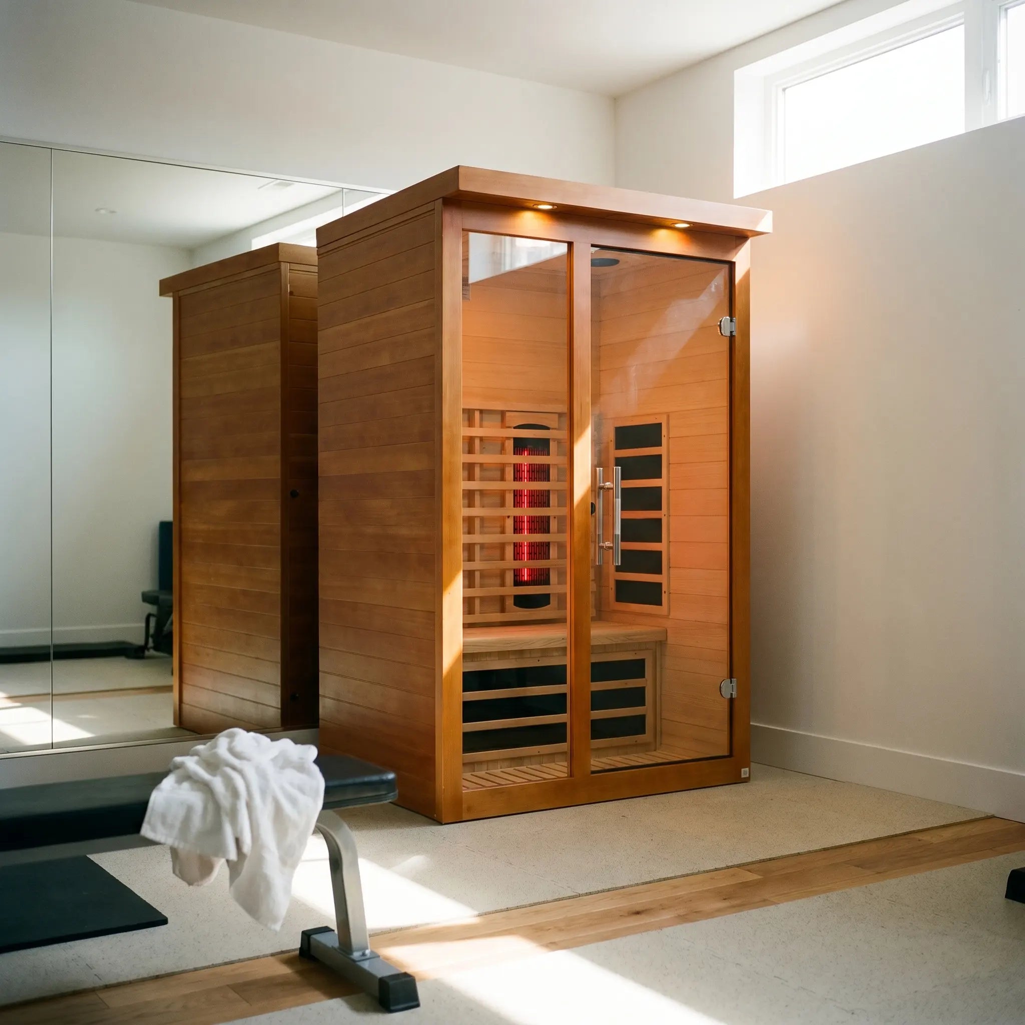 Golden Designs Dynamic Llumeneres full spectrum near zero EMF infrared sauna shown in a contemporary home setting
