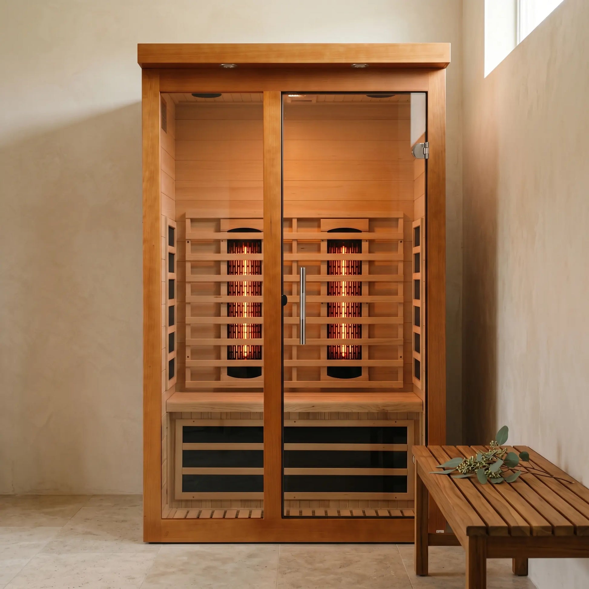 Golden Designs Dynamic Llumeneres full spectrum near zero EMF infrared sauna styled in a modern home interior