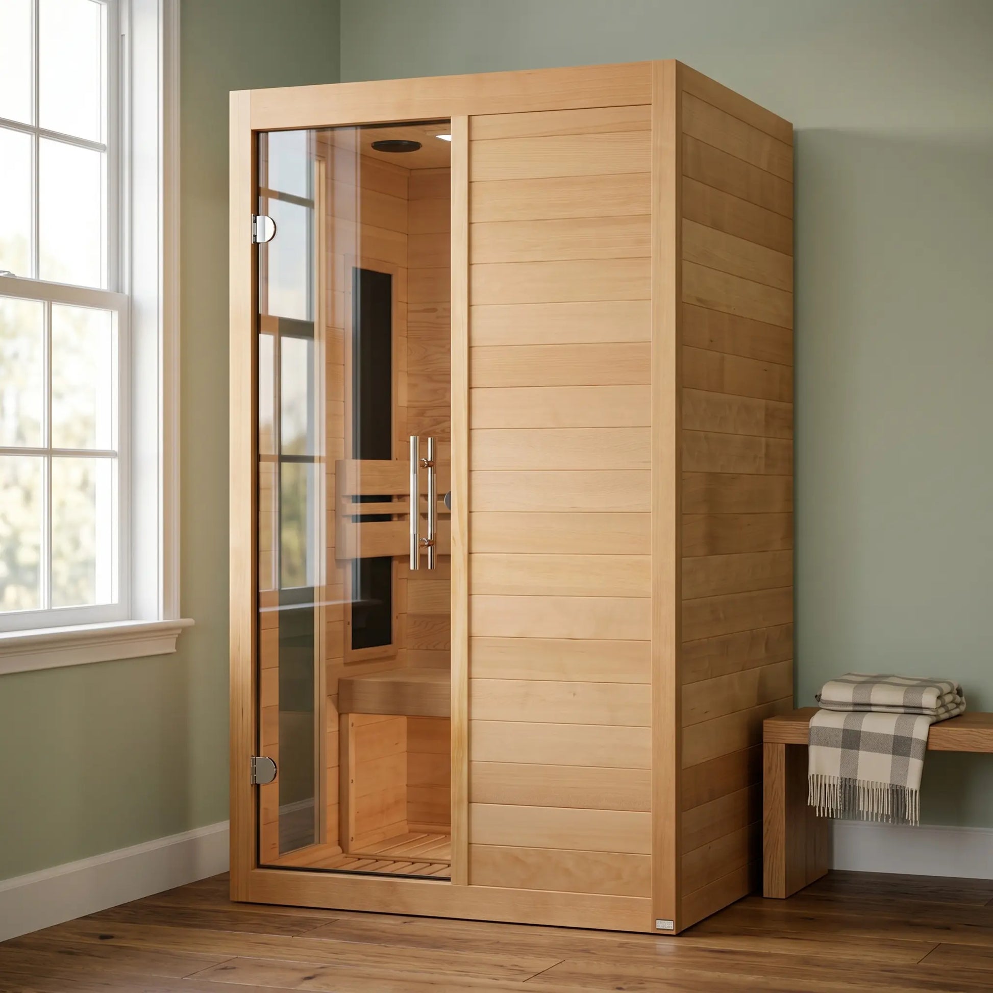 Golden Designs Dynamic Lucca Elite ultra low EMF infrared sauna styled in a modern home interior