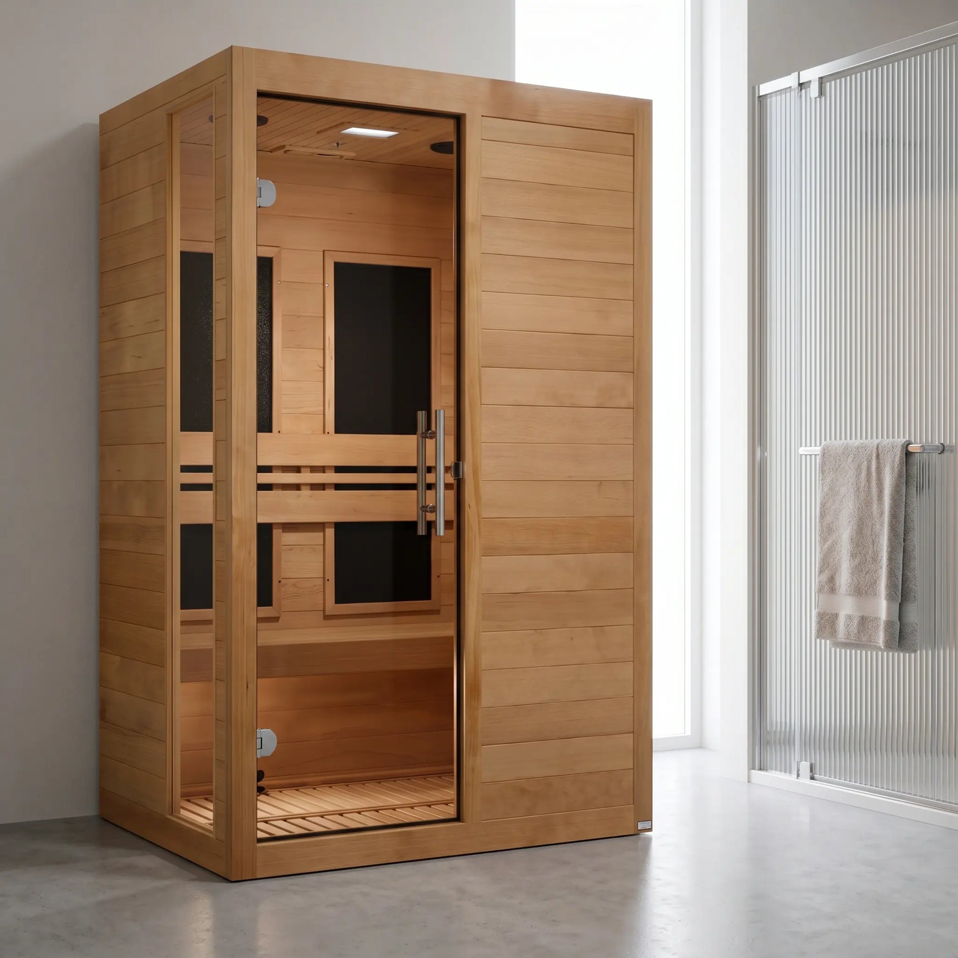 Golden Designs Dynamic Lucca Elite ultra low EMF infrared sauna shown in a contemporary home setting